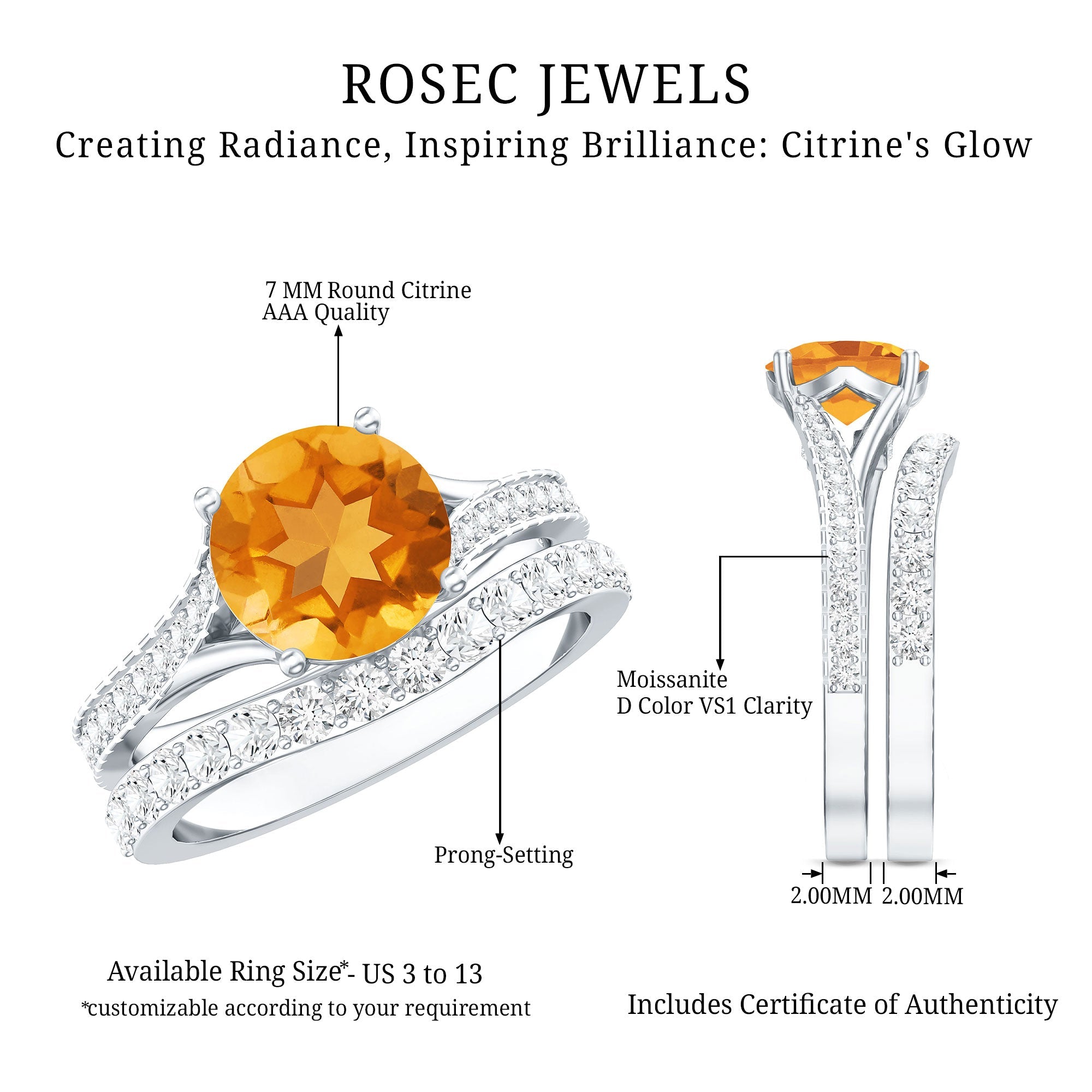 Certified Real Citrine Engagement Ring with Moissanite Wedding Band