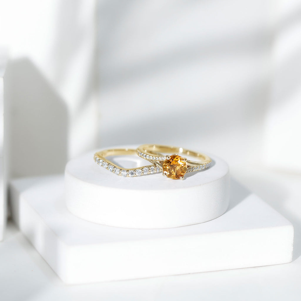 Certified Real Citrine Engagement Ring with Moissanite Wedding Band