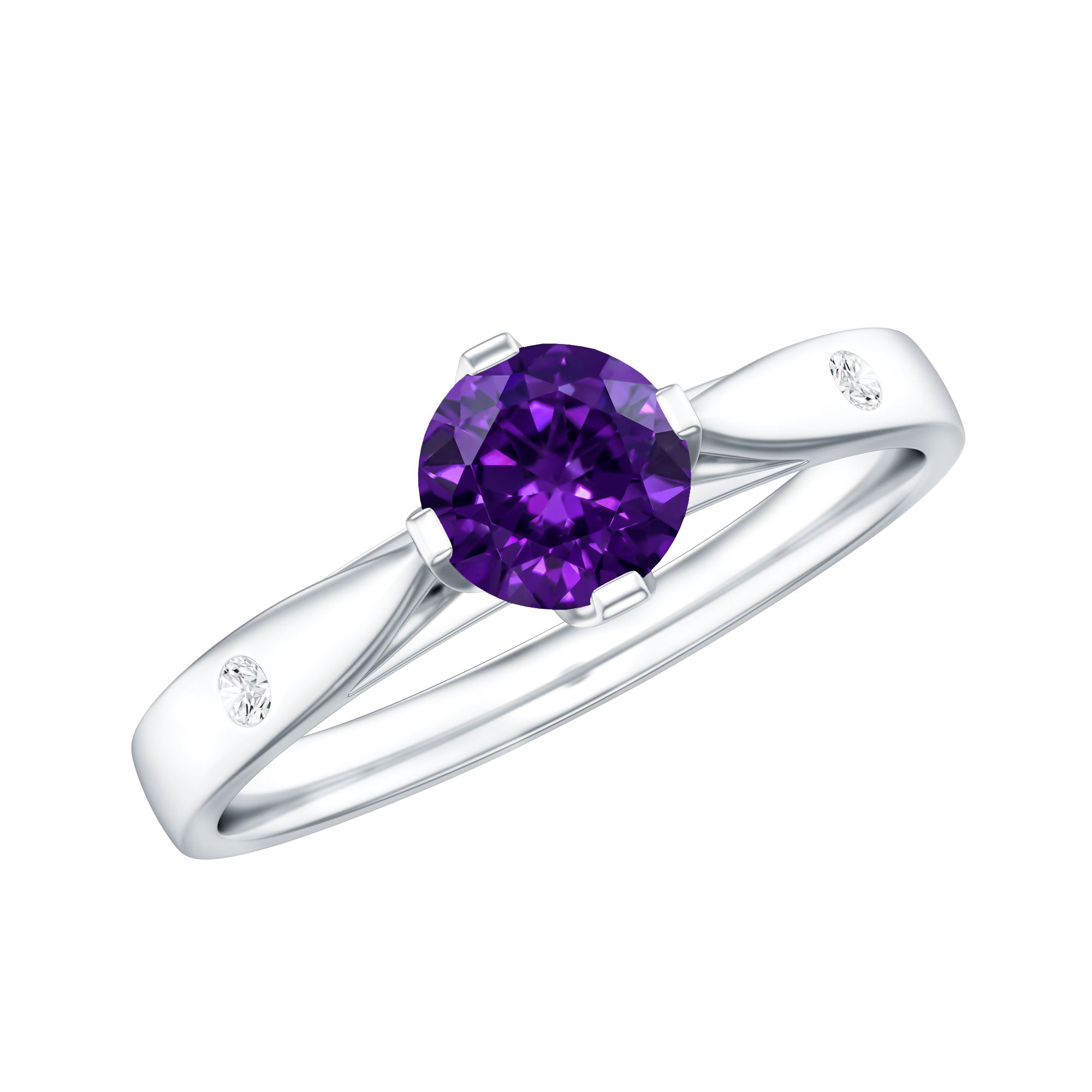 0.4 Carat Solitaire Round Shape Amethyst Ring with Diamond