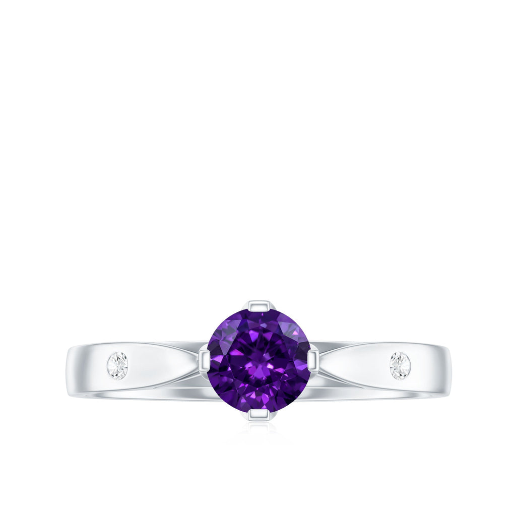 0.4 Carat Solitaire Round Shape Amethyst Ring with Diamond