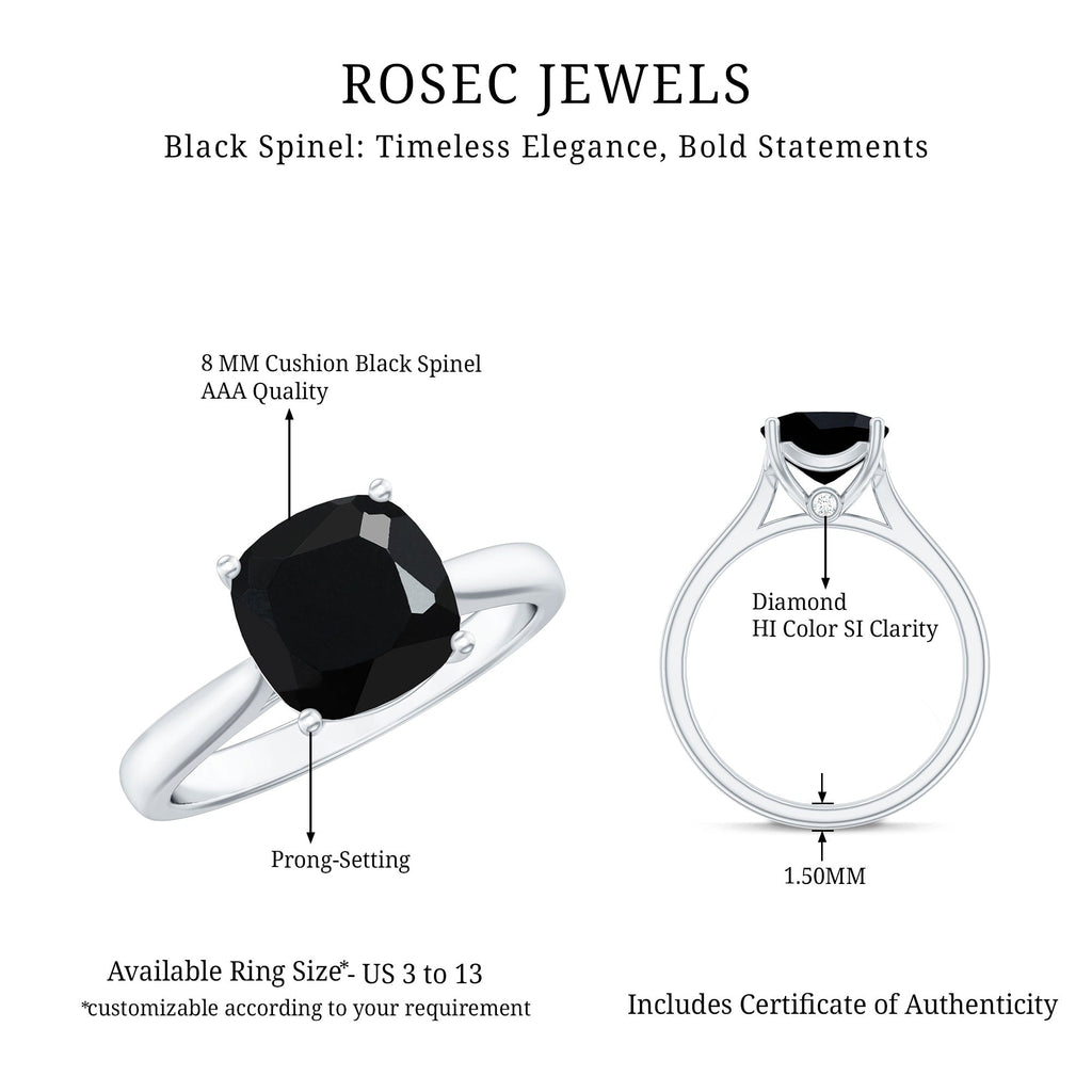 2 Carat Cushion Cut Black Spinel Solitaire Engagement Ring