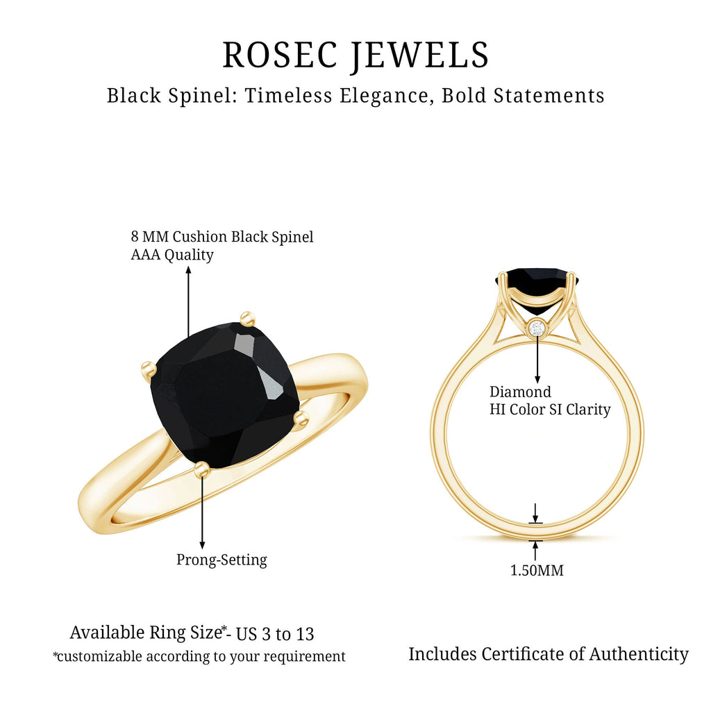 2 Carat Cushion Cut Black Spinel Solitaire Engagement Ring