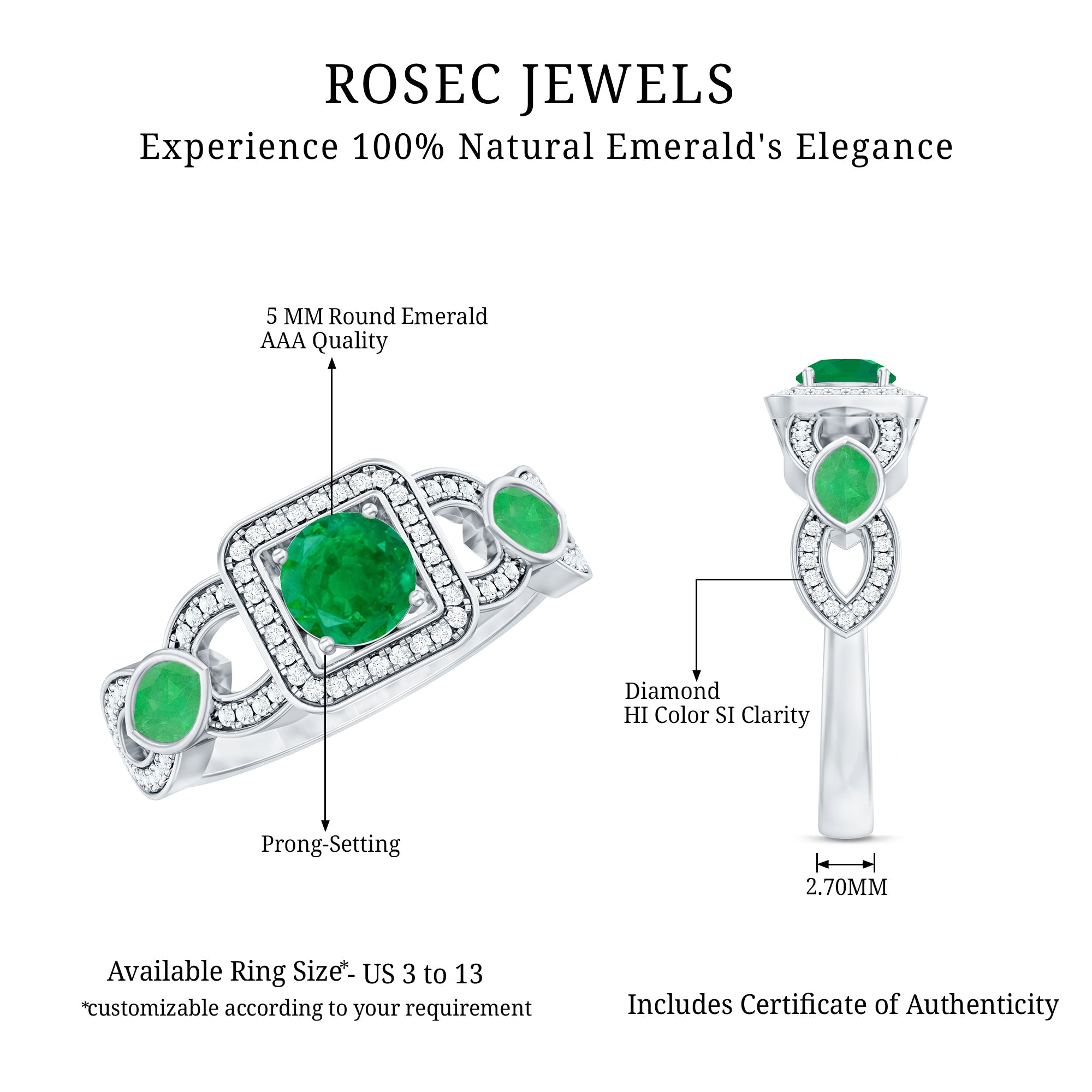 Vintage Style Emerald and Diamond Engagement Ring for Women