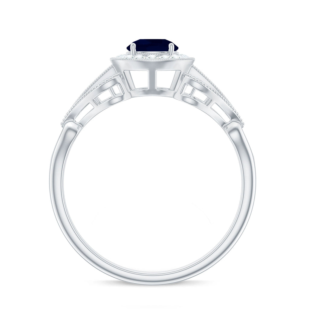 Vintage Looking Blue Sapphire with Diamond Halo Engagement Ring