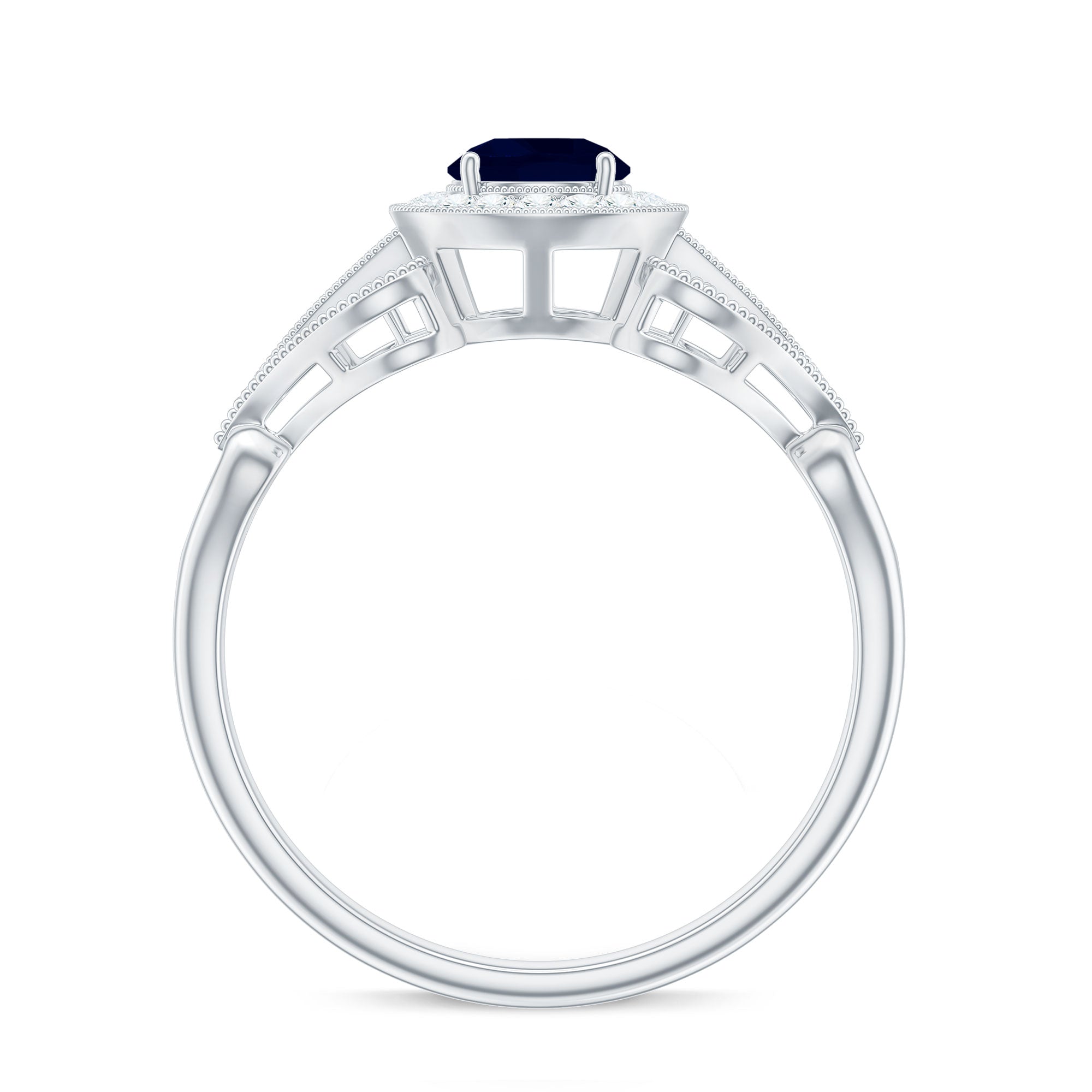 Vintage Looking Blue Sapphire with Diamond Halo Engagement Ring