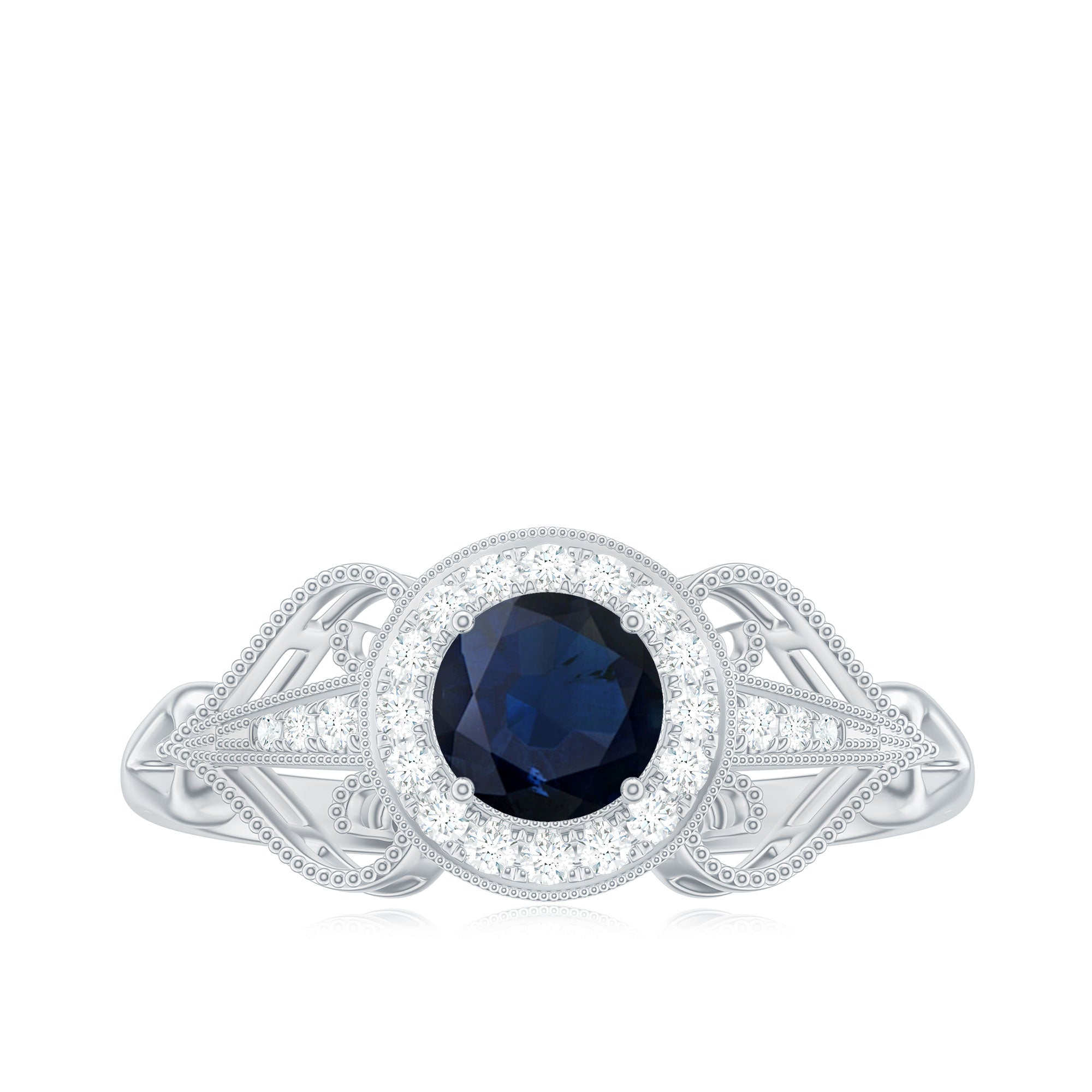 Vintage Looking Blue Sapphire with Diamond Halo Engagement Ring