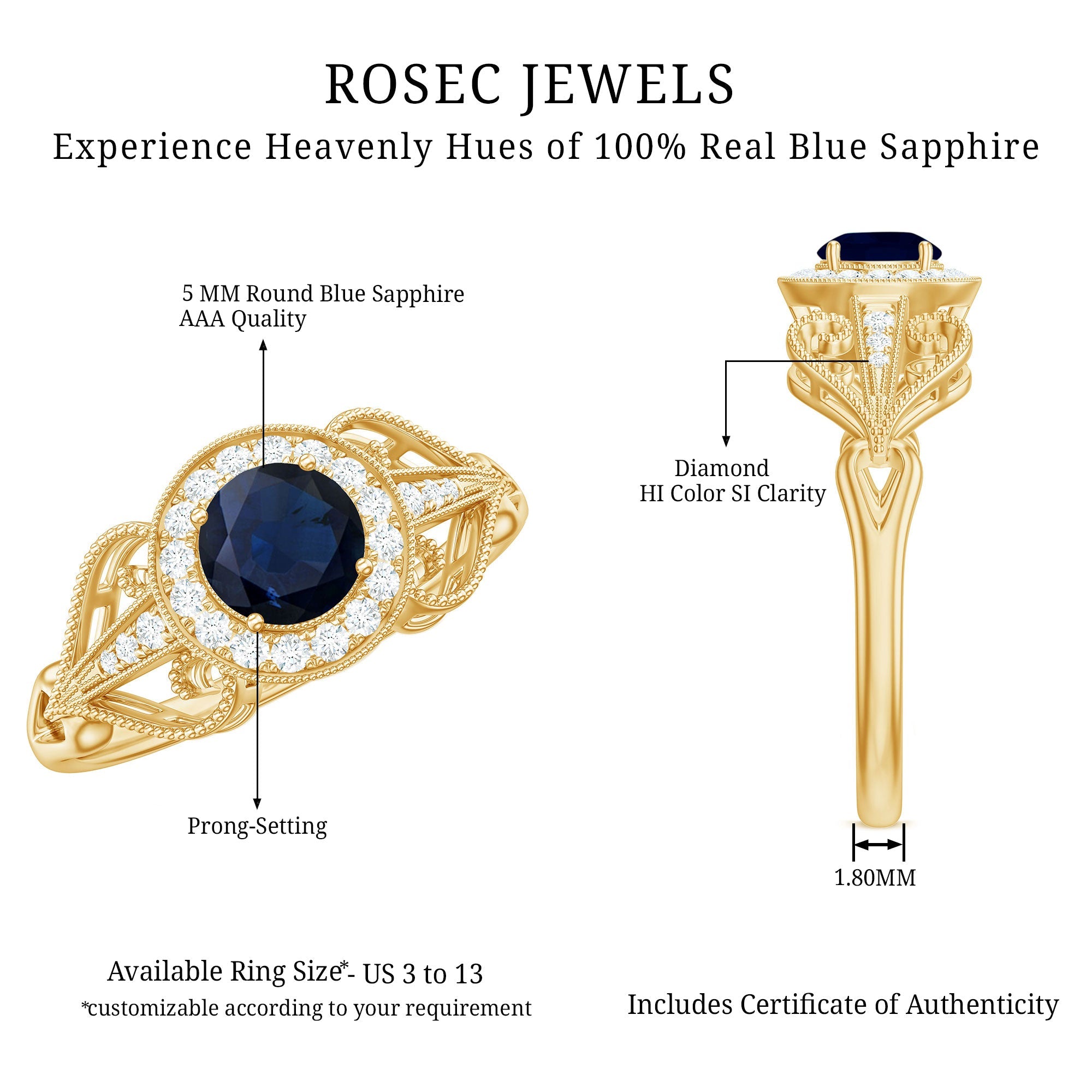 Vintage Looking Blue Sapphire with Diamond Halo Engagement Ring