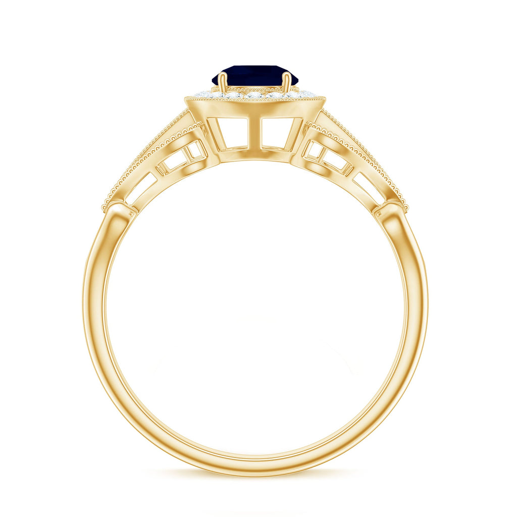 Vintage Looking Blue Sapphire with Diamond Halo Engagement Ring