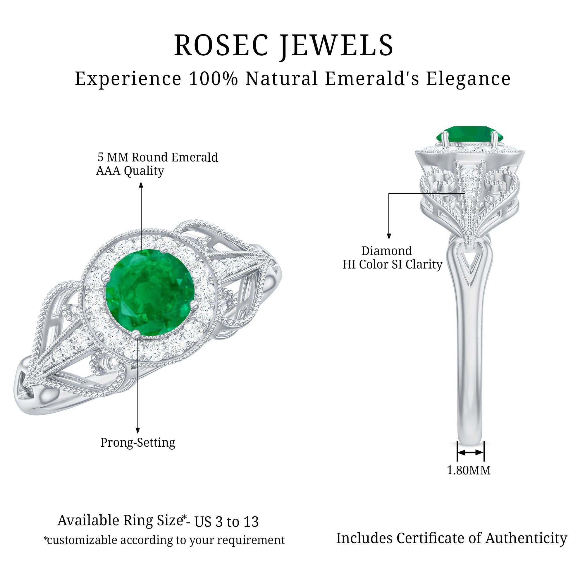 AAA Quality Emerald and Diamond Vintage Inspired Engagement Ring