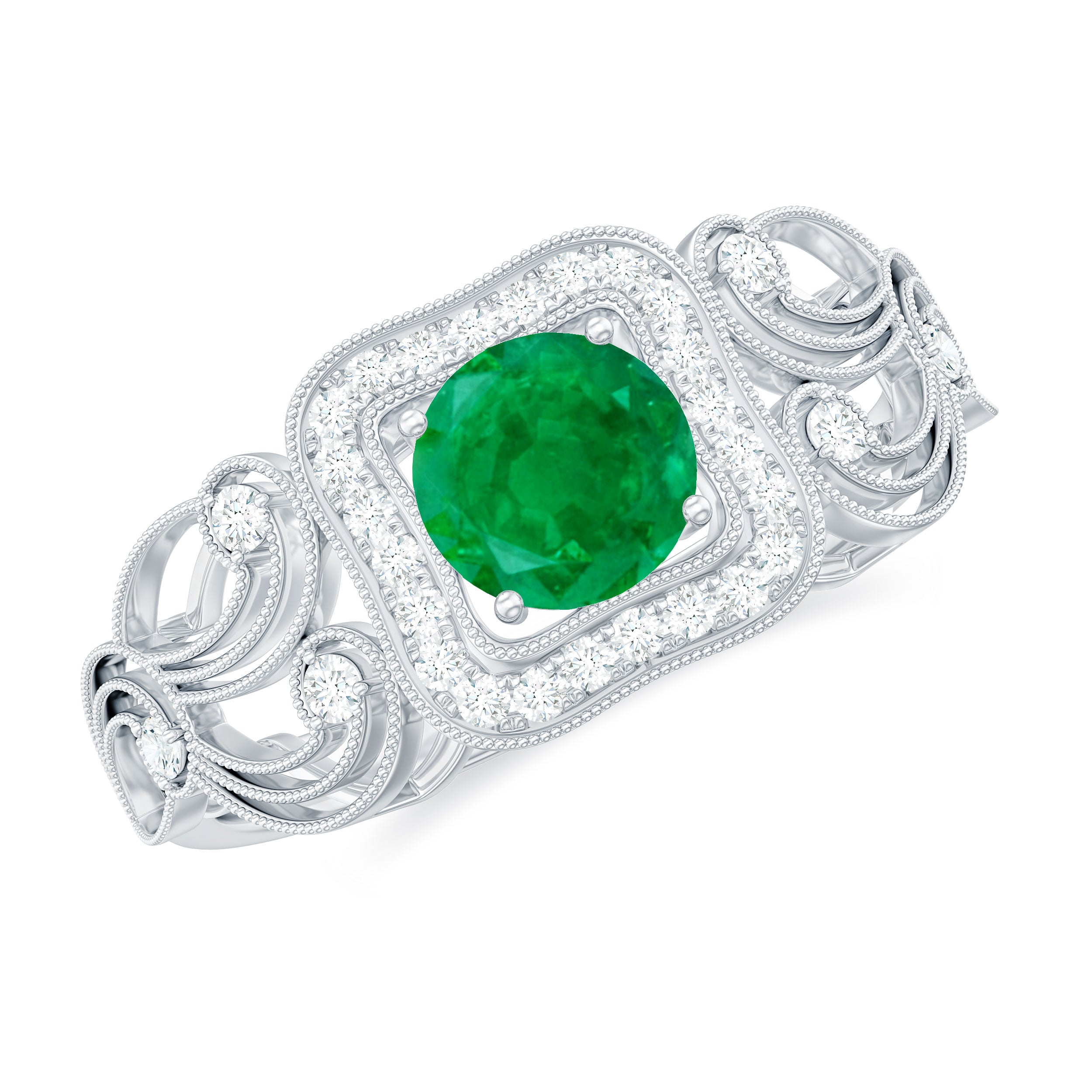 Vintage Looking Emerald Engagement Ring with Diamond Halo