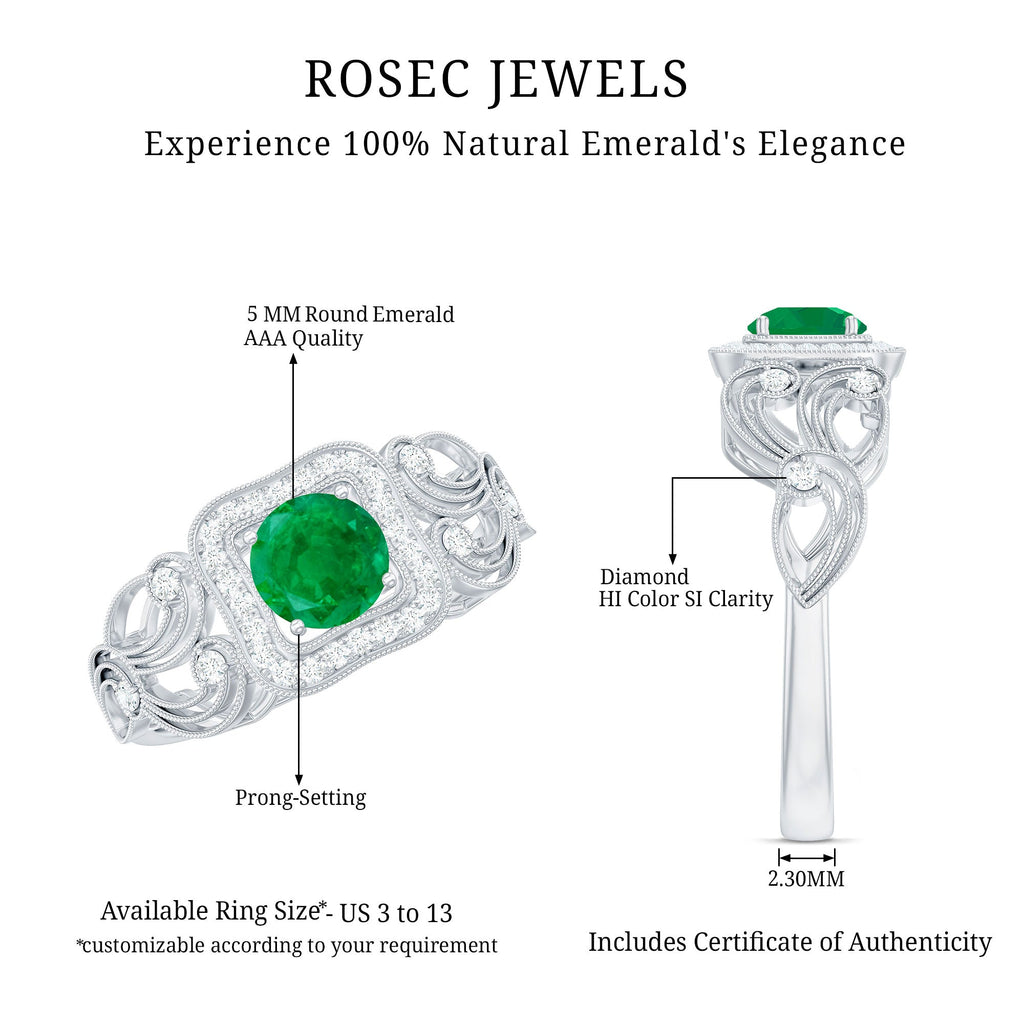 Vintage Looking Emerald Engagement Ring with Diamond Halo