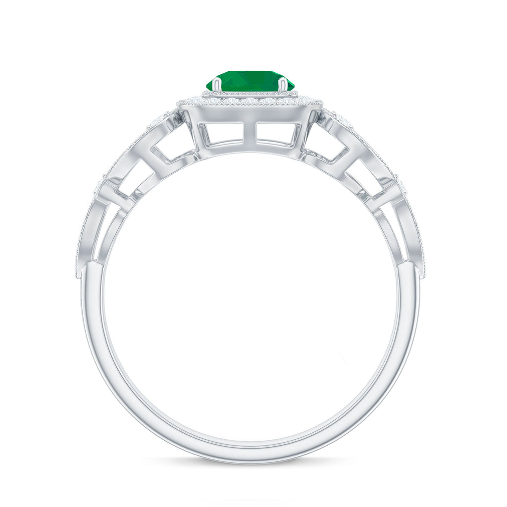 Vintage Looking Emerald Engagement Ring with Diamond Halo