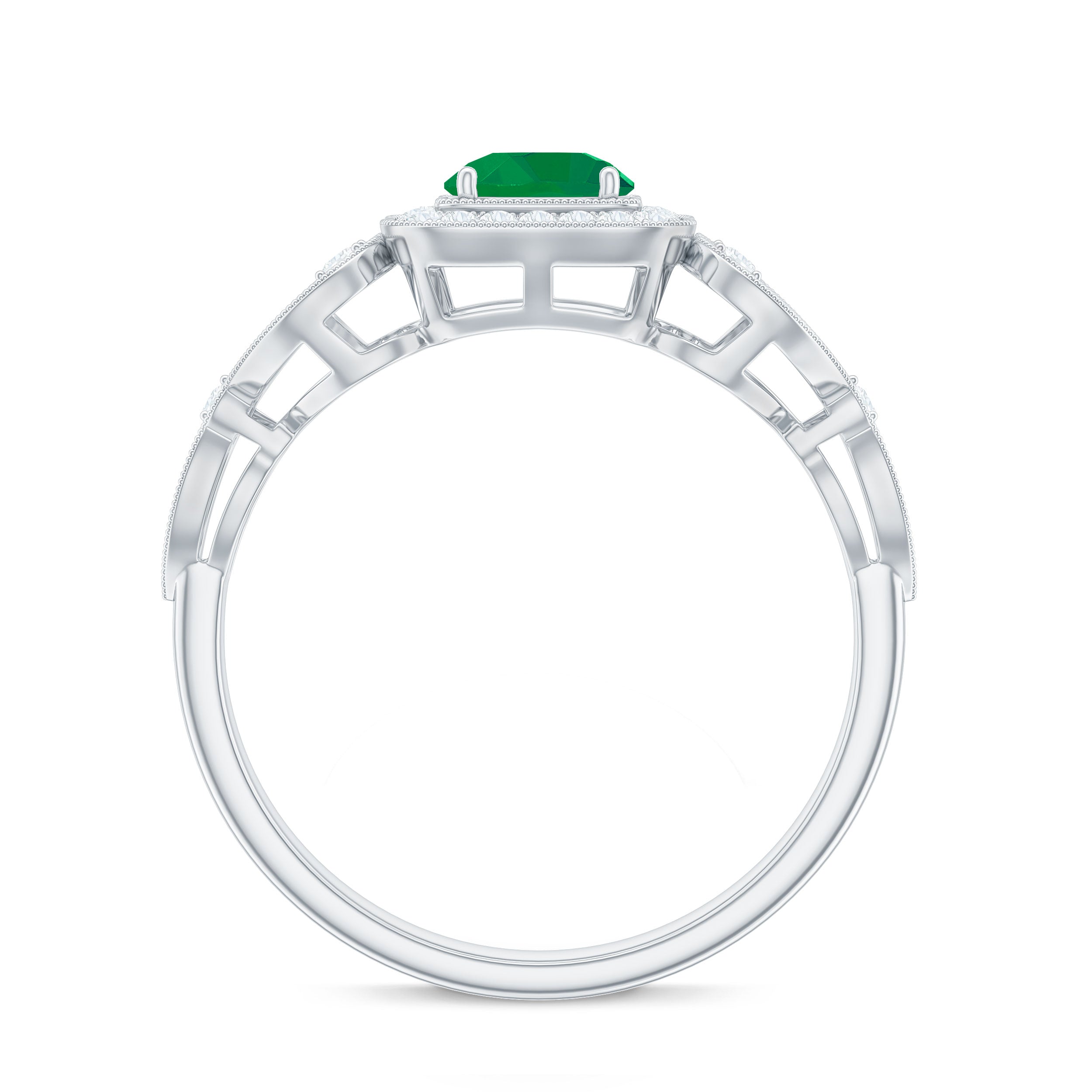 Vintage Looking Emerald Engagement Ring with Diamond Halo