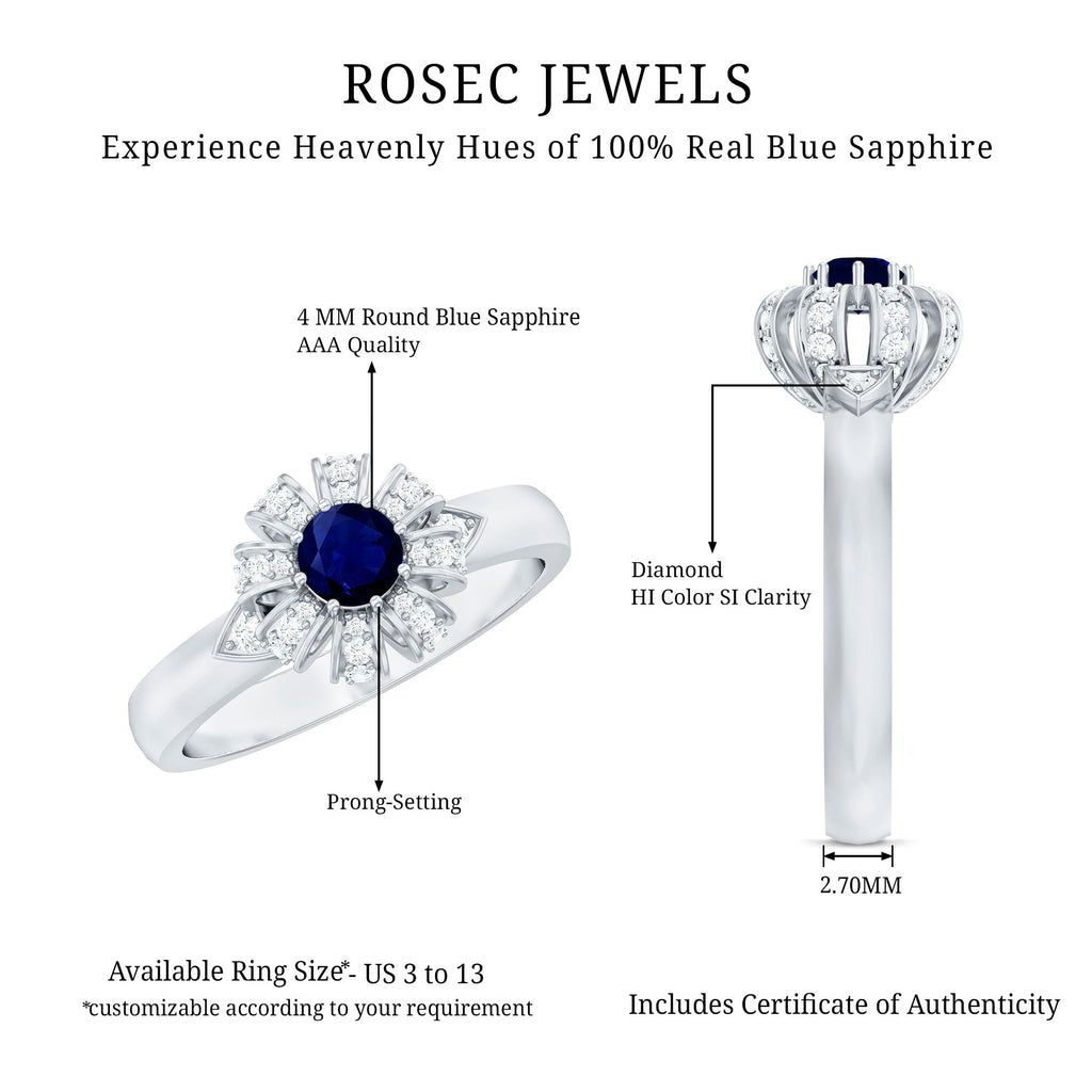 Real Blue Sapphire Flower Engagement Ring with Diamond
