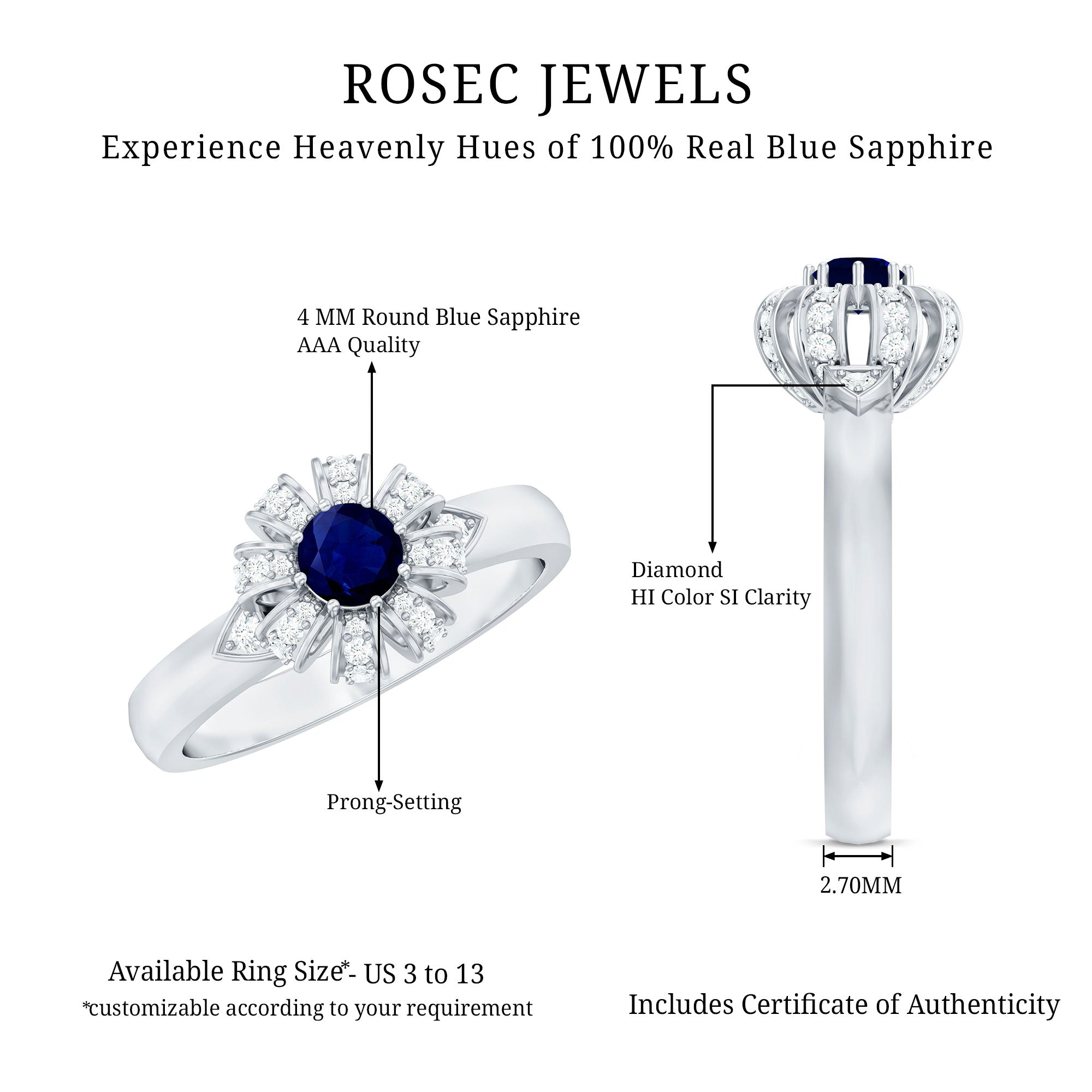 Real Blue Sapphire Flower Engagement Ring with Diamond