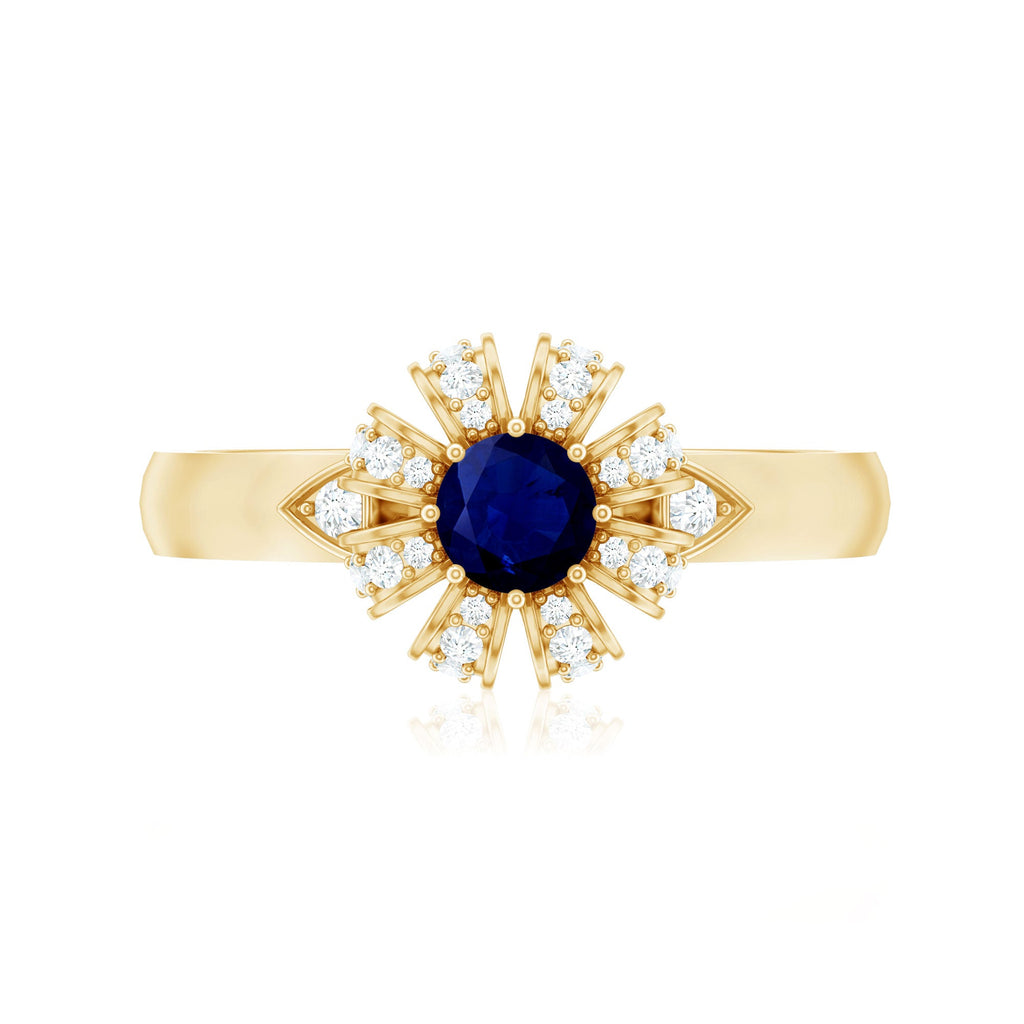Real Blue Sapphire Flower Engagement Ring with Diamond