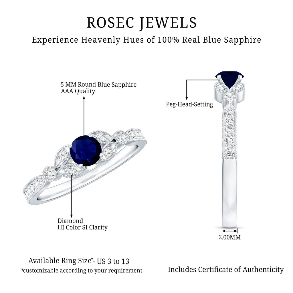 Vintage Inspired Blue Sapphire and Diamond Engagement Ring with Milgrain Details