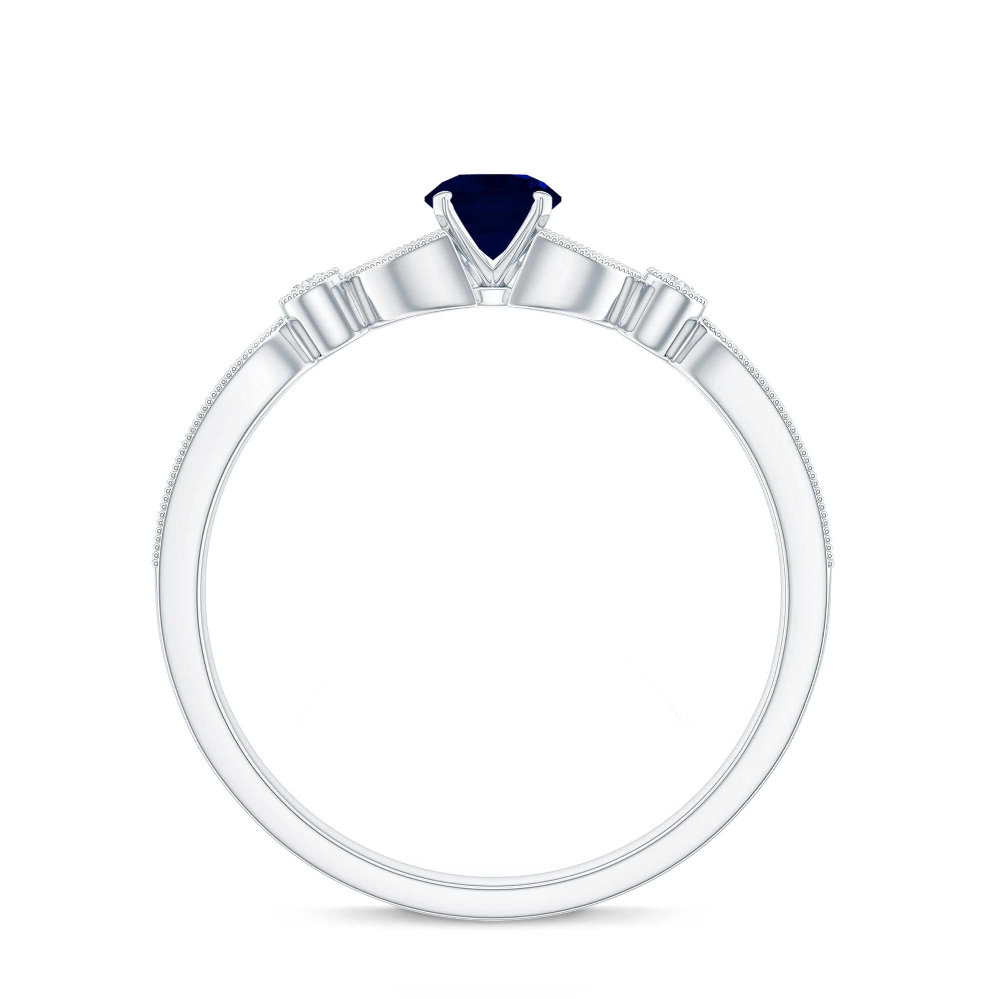 Vintage Inspired Blue Sapphire and Diamond Engagement Ring with Milgrain Details