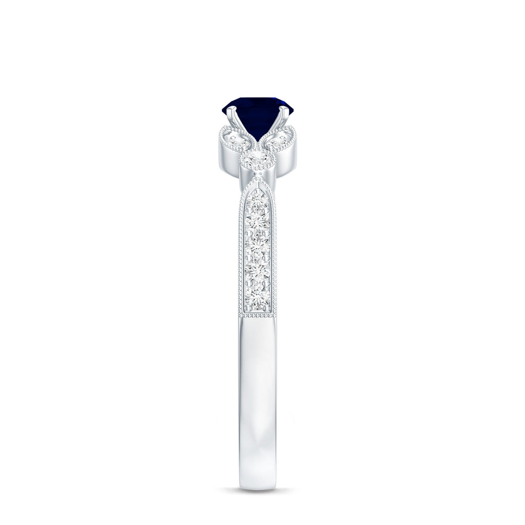 Vintage Inspired Blue Sapphire and Diamond Engagement Ring with Milgrain Details