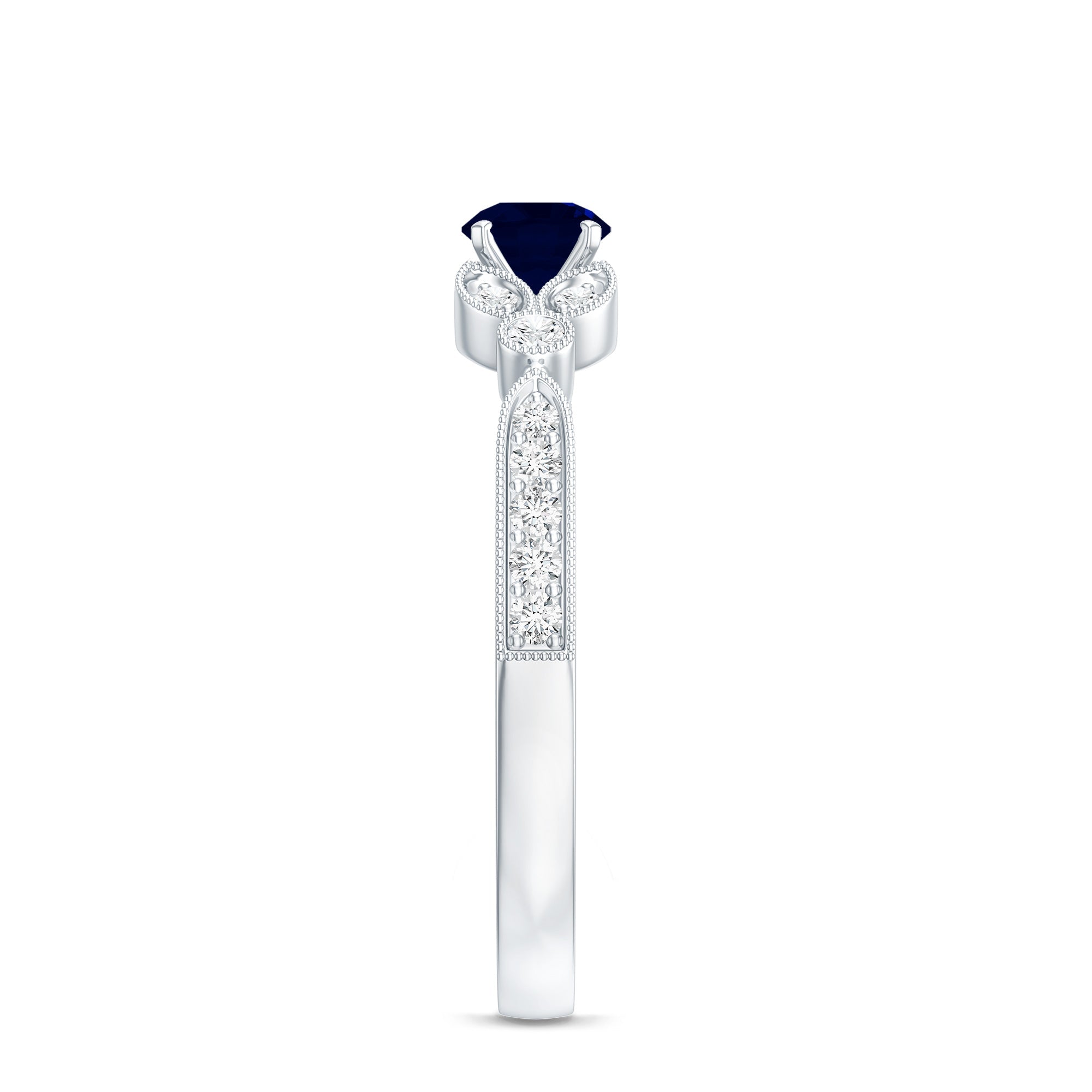 Vintage Inspired Blue Sapphire and Diamond Engagement Ring with Milgrain Details