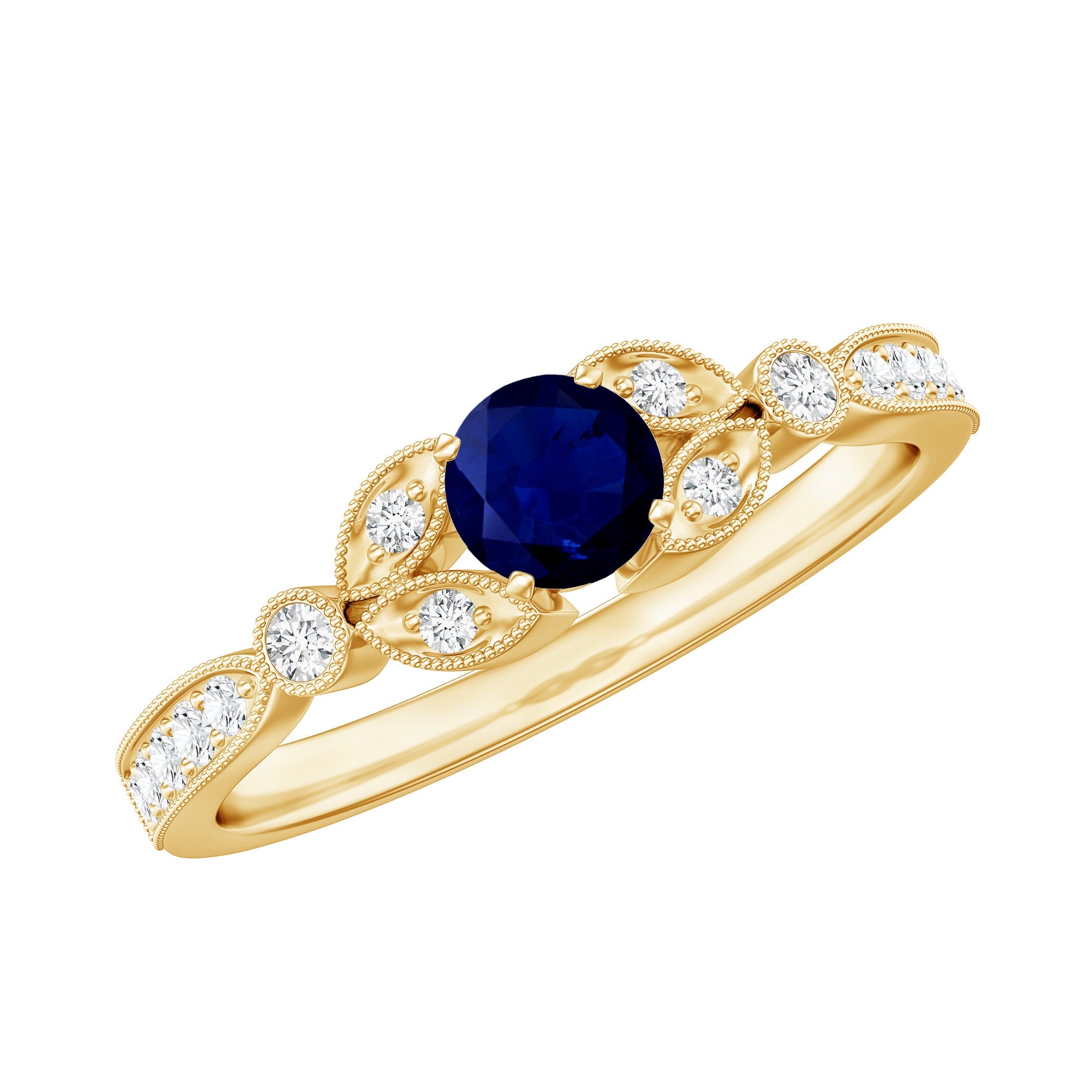 Vintage Inspired Blue Sapphire and Diamond Engagement Ring with Milgrain Details | Rings | Wiccan Center