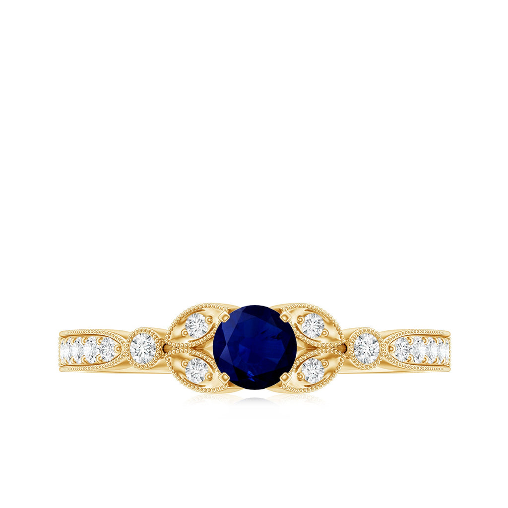 Vintage Inspired Blue Sapphire and Diamond Engagement Ring with Milgrain Details