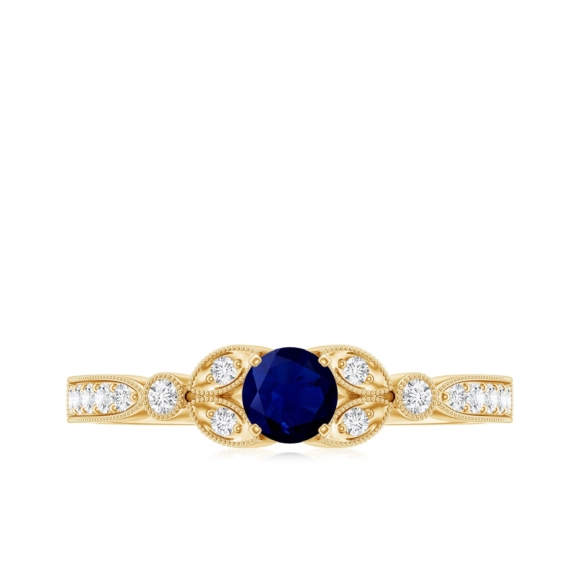 Vintage Inspired Blue Sapphire and Diamond Engagement Ring with Milgrain Details