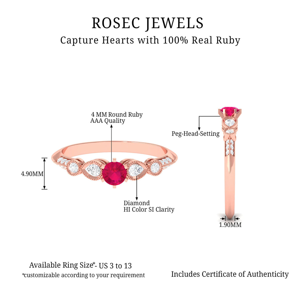 Genuine Ruby Vintage Inspired Engagement Ring with Diamond