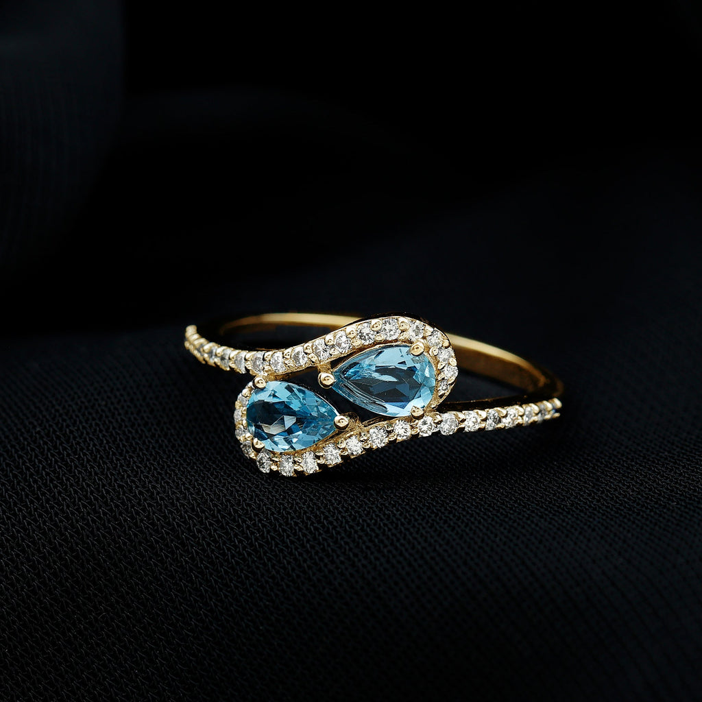 Genuine Aquamarine Two Stone Engagement Ring with Diamond