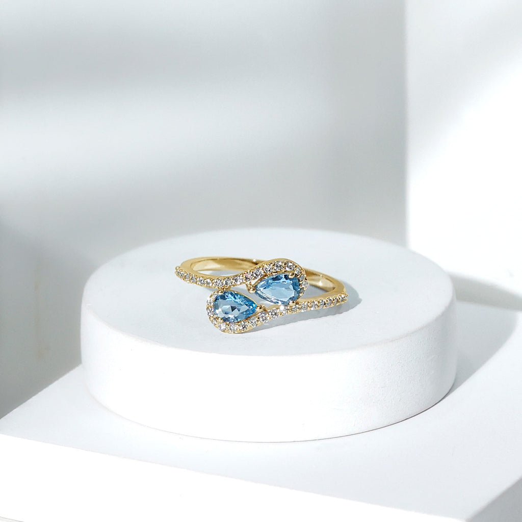 Genuine Aquamarine Two Stone Engagement Ring with Diamond