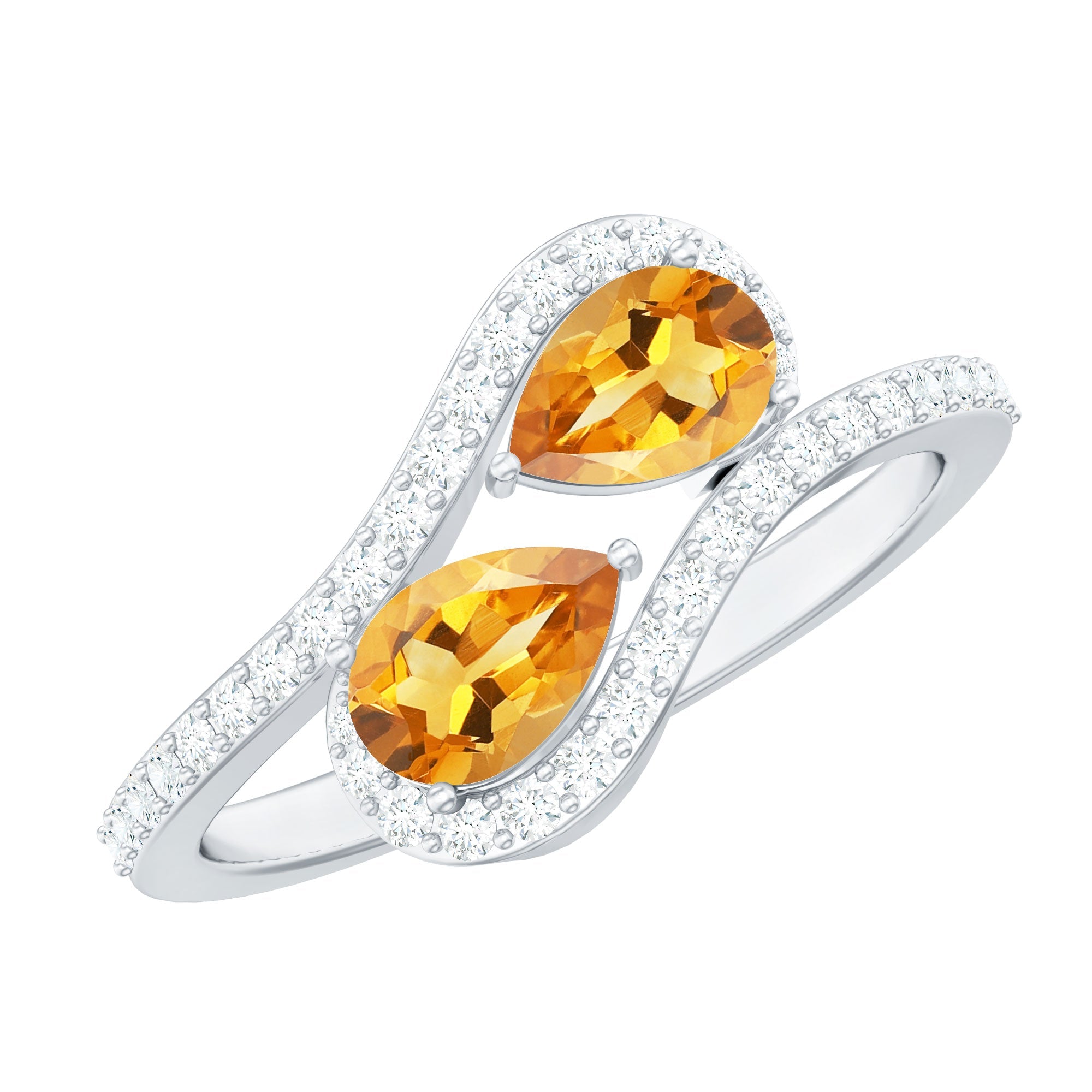 Pear Shape Citrine Two Stone Engagement Ring with Diamond