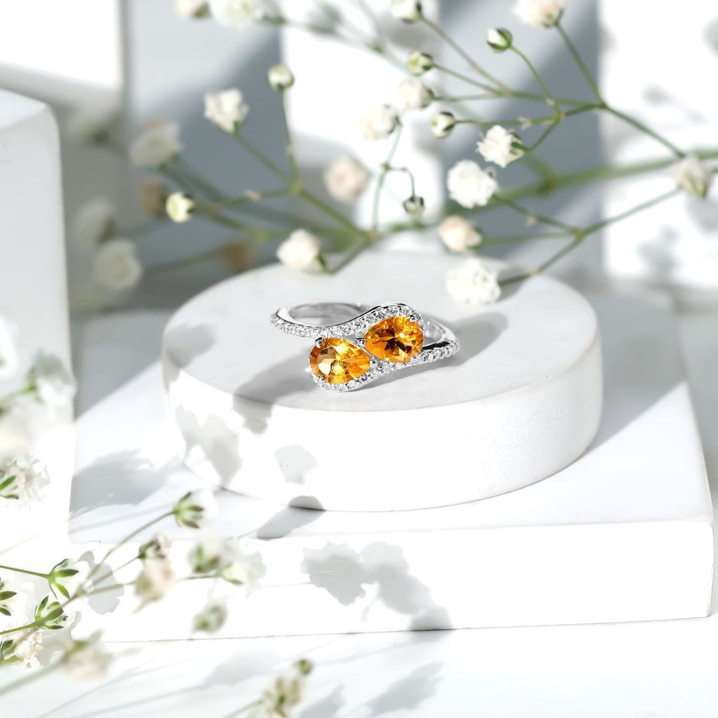 Pear Shape Citrine Two Stone Engagement Ring with Diamond