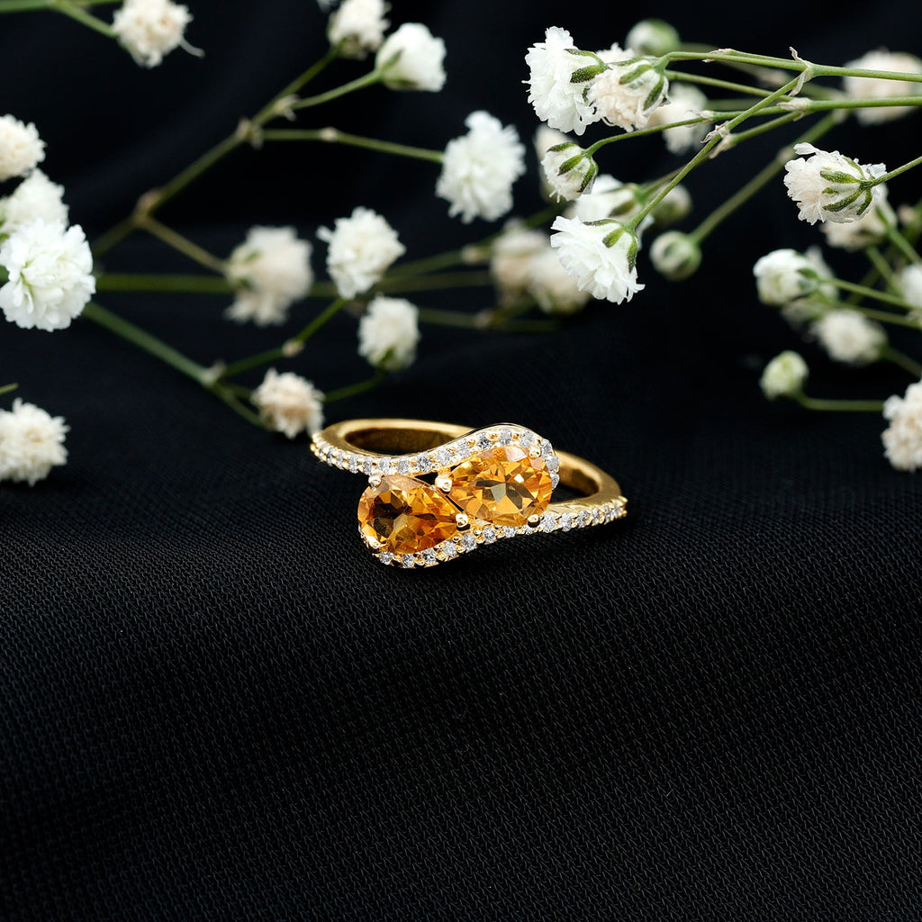 Pear Shape Citrine Two Stone Engagement Ring with Diamond