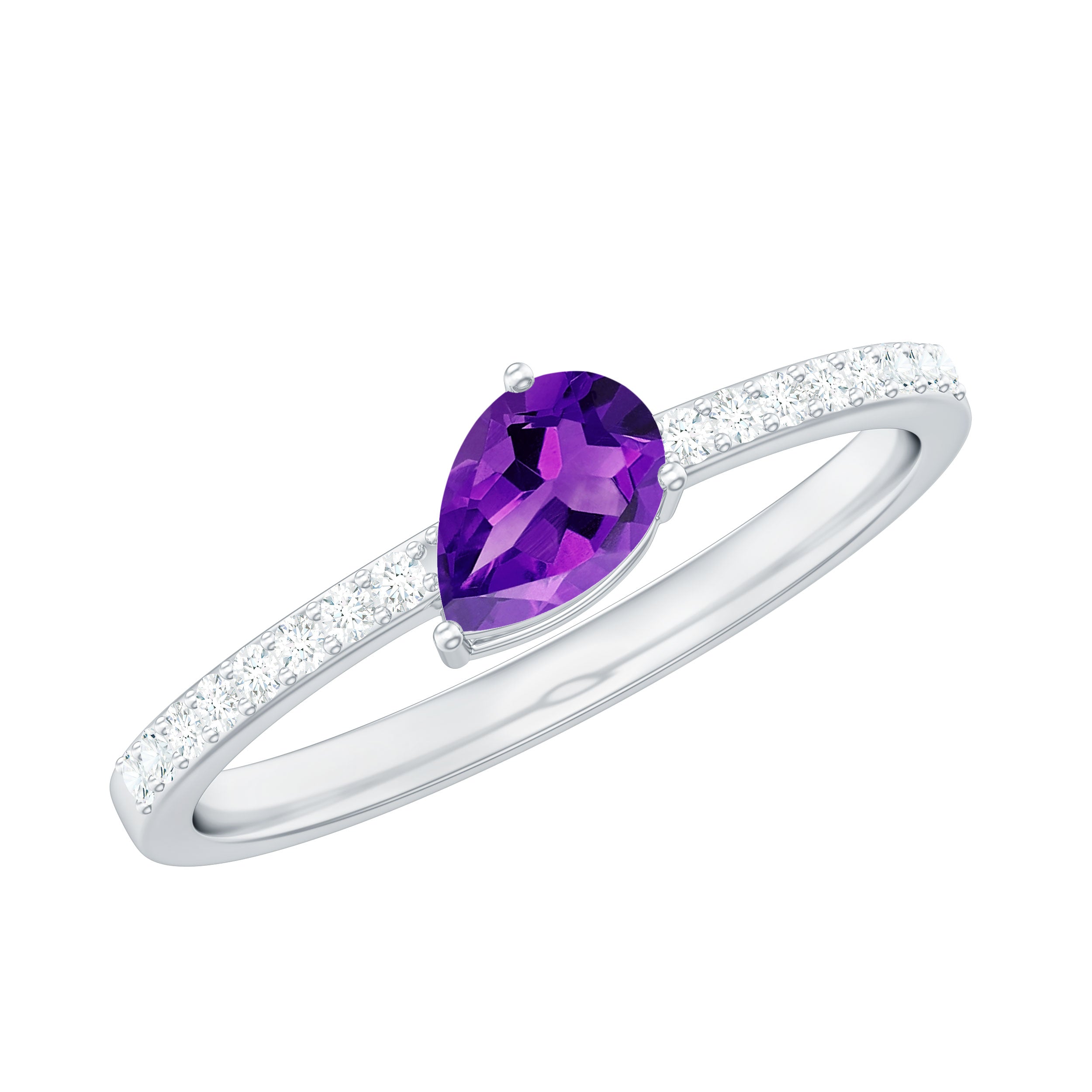 Natural 1 Carat Pear Shaped Amethyst Engagement Ring with Diamond