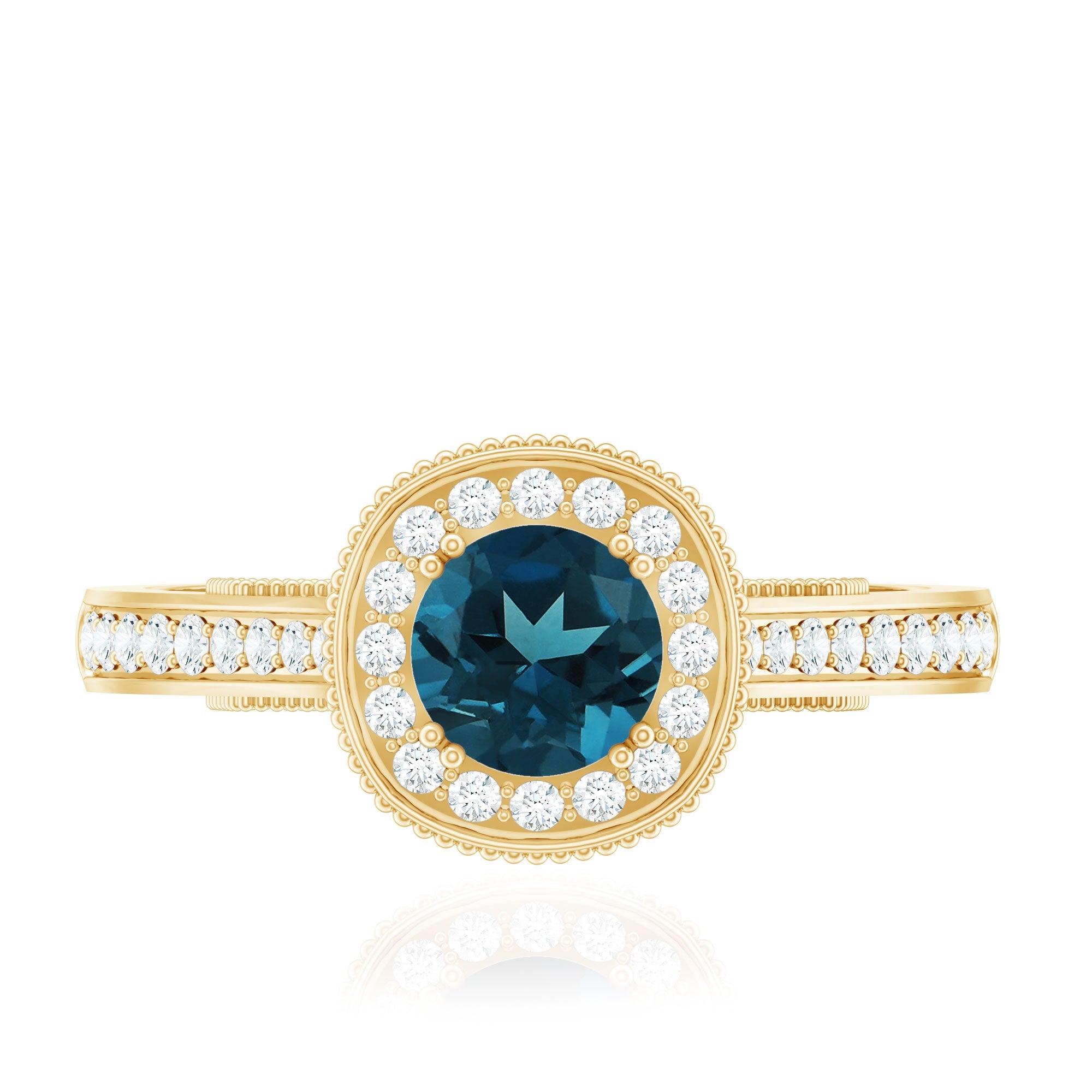 Vintage Looking London Blue Topaz Engagement Ring with Diamond Halo