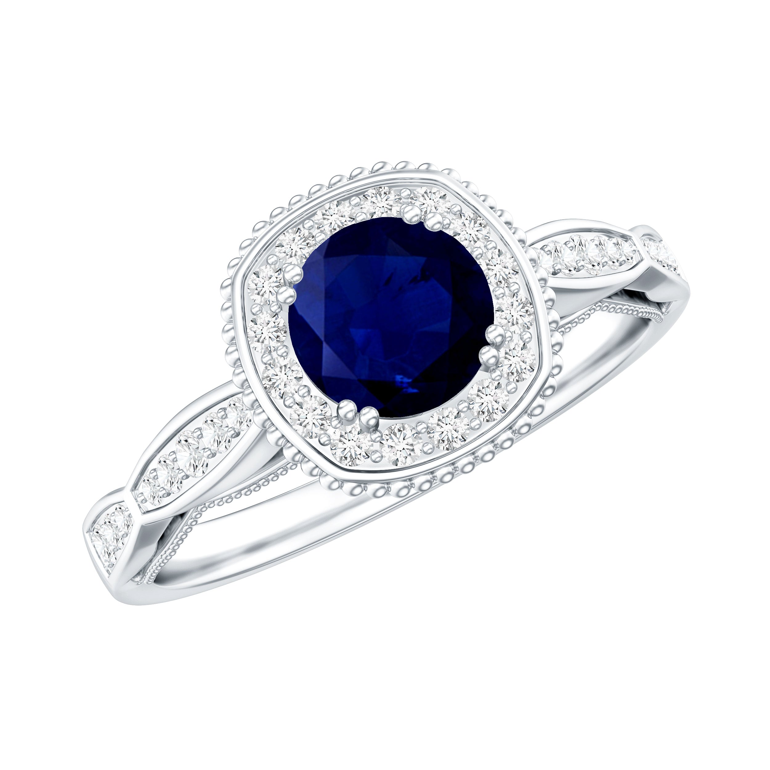 Round 0.9 Carat Blue Sapphire Antique Engagement Ring with Diamond Halo