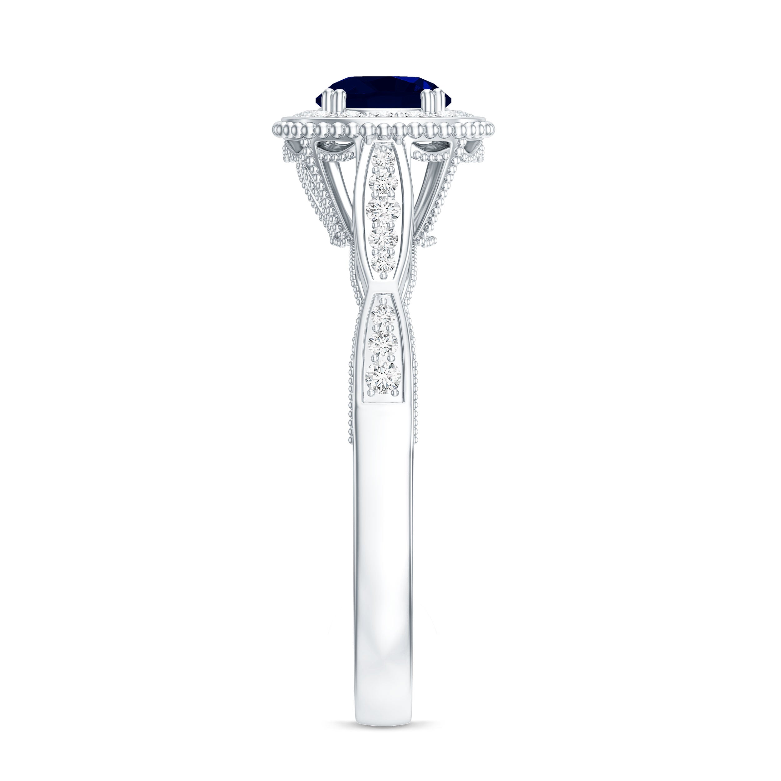 Round 0.9 Carat Blue Sapphire Antique Engagement Ring with Diamond Halo