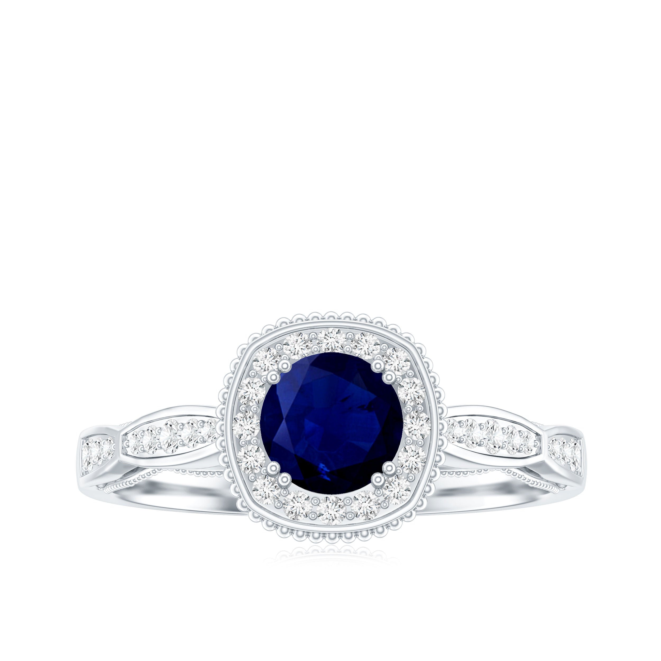 Round 0.9 Carat Blue Sapphire Antique Engagement Ring with Diamond Halo