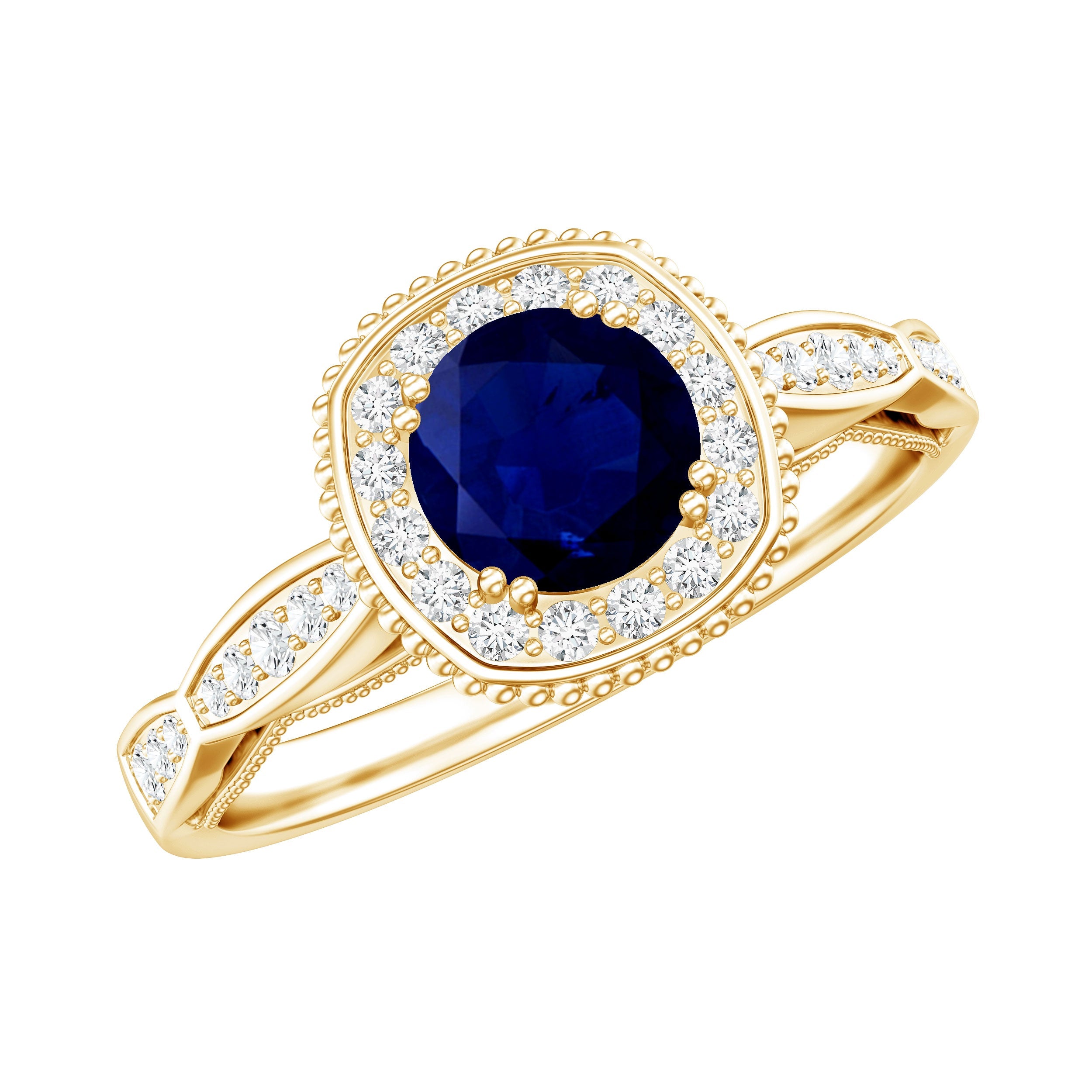 Round 0.9 Carat Blue Sapphire Antique Engagement Ring with Diamond Halo | Rings | Wiccan Center