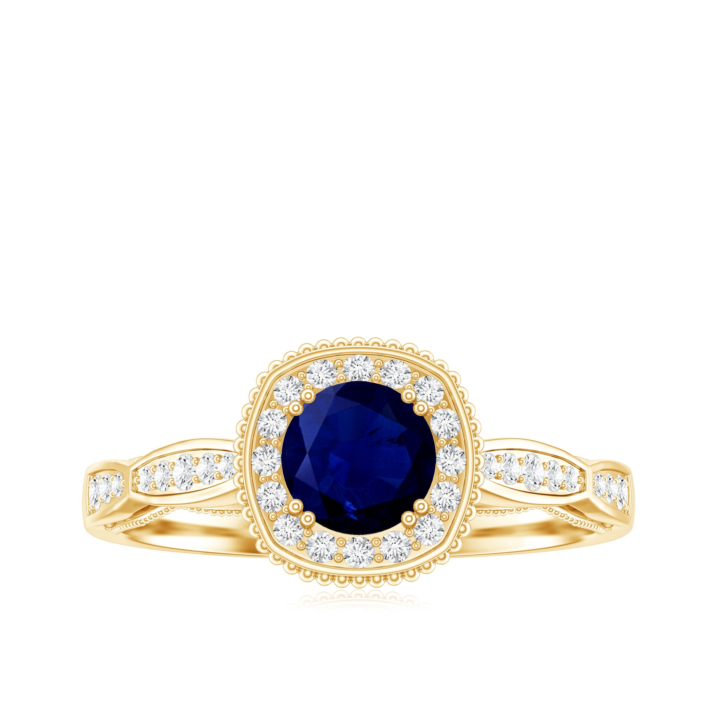 Round 0.9 Carat Blue Sapphire Antique Engagement Ring with Diamond Halo