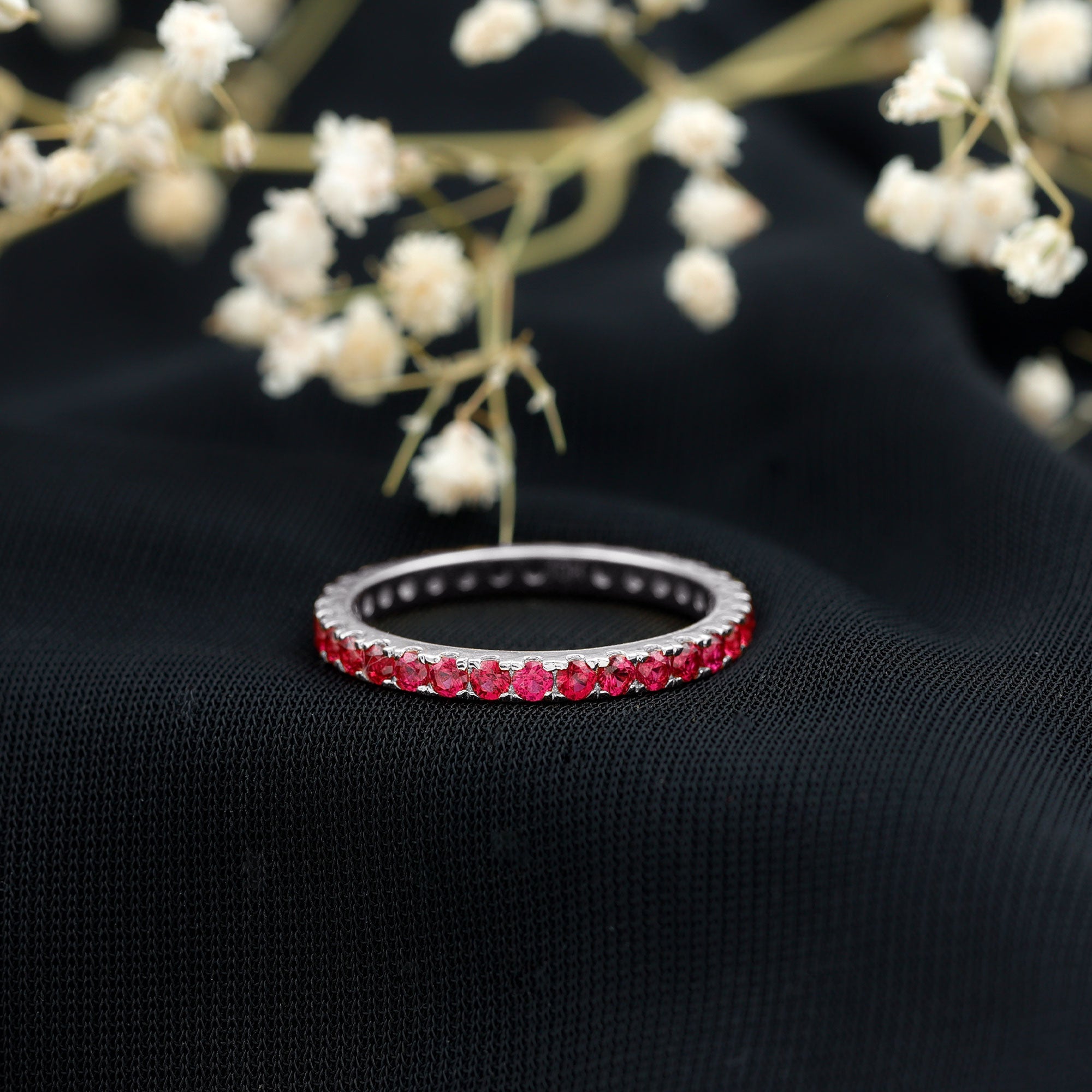 French Pave Set Lab Grown Ruby Stackable Eternity Band