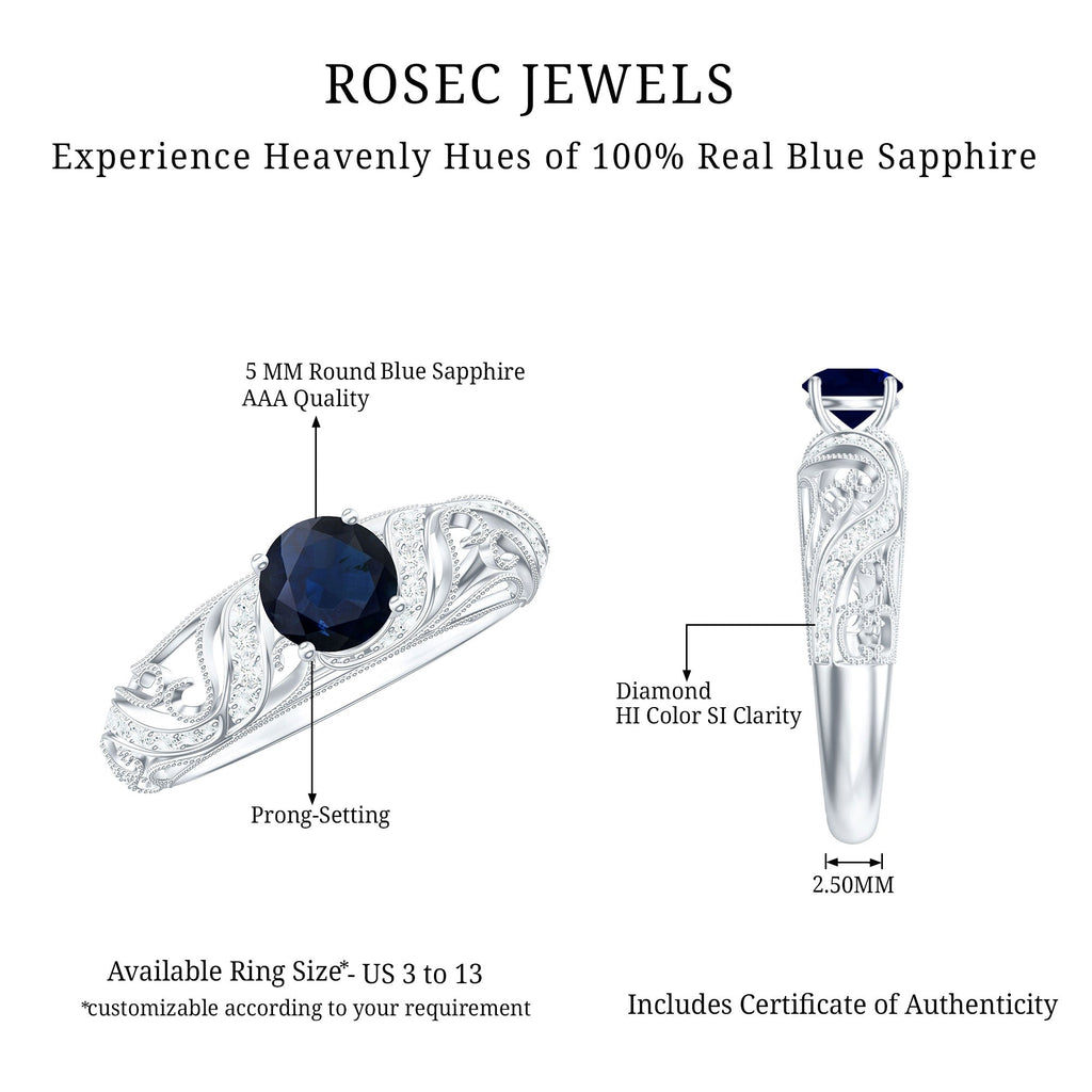 Certified 0.9 Carat Real Blue Sapphire and Diamond Vintage Looking Engagement Ring