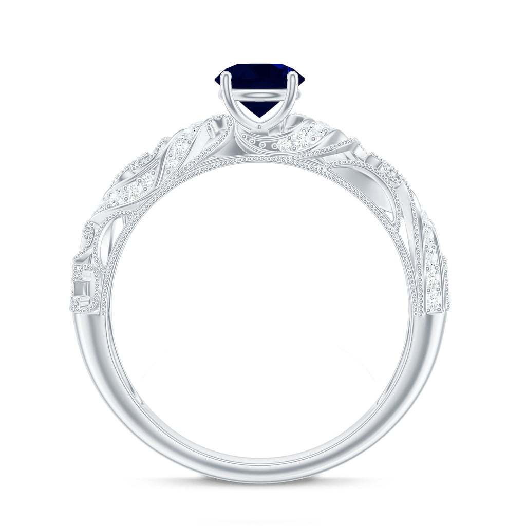 Certified 0.9 Carat Real Blue Sapphire and Diamond Vintage Looking Engagement Ring
