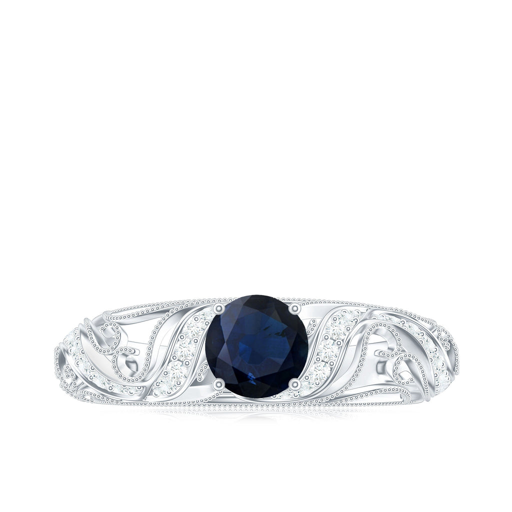Certified 0.9 Carat Real Blue Sapphire and Diamond Vintage Looking Engagement Ring