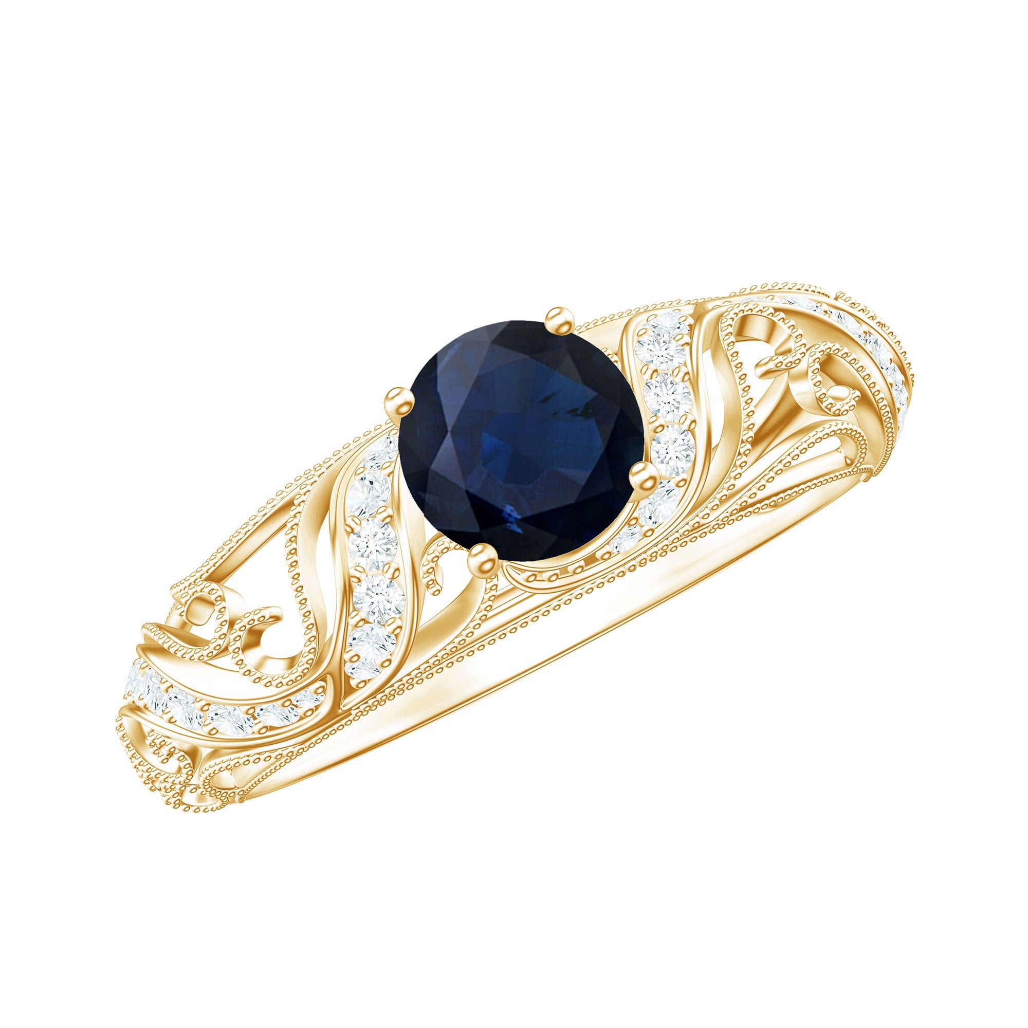 Certified 0.9 Carat Real Blue Sapphire and Diamond Vintage Looking Engagement Ring | Rings | Wiccan Center