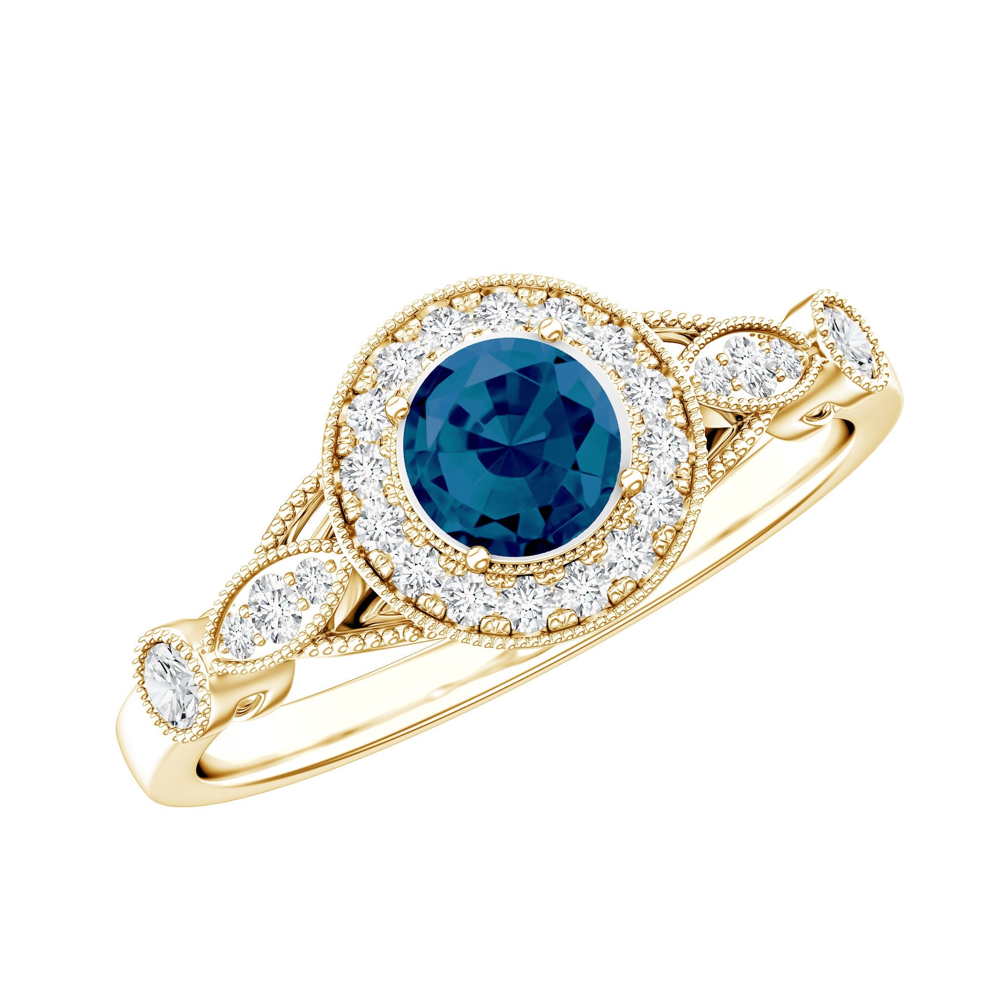 0.6 Carat London Blue Topaz Antique Engagement Ring with Diamond Halo | Rings | Wiccan Center
