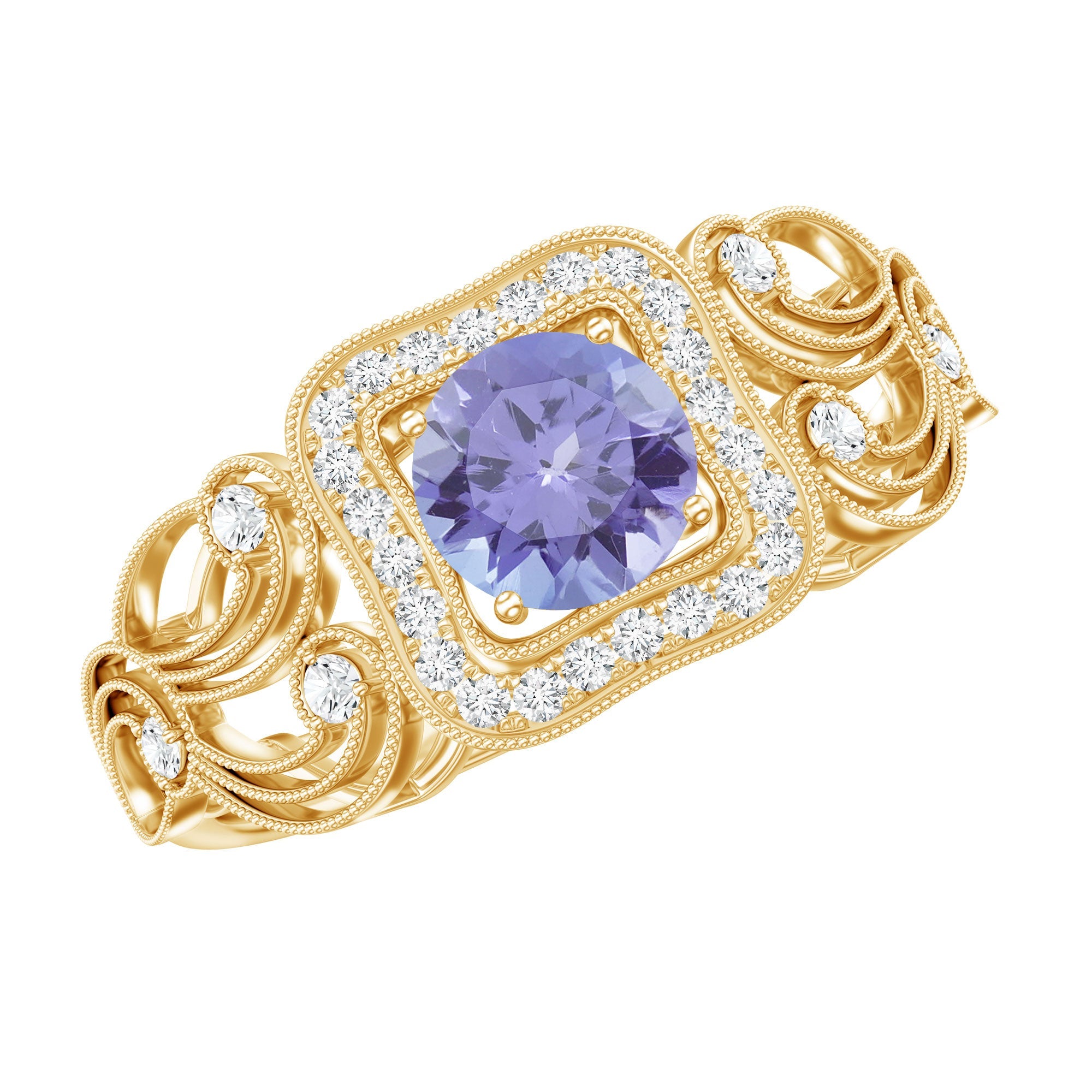 Tanzanite Vintage Looking Engagement Ring with Diamond Halo | Rings | Wiccan Center