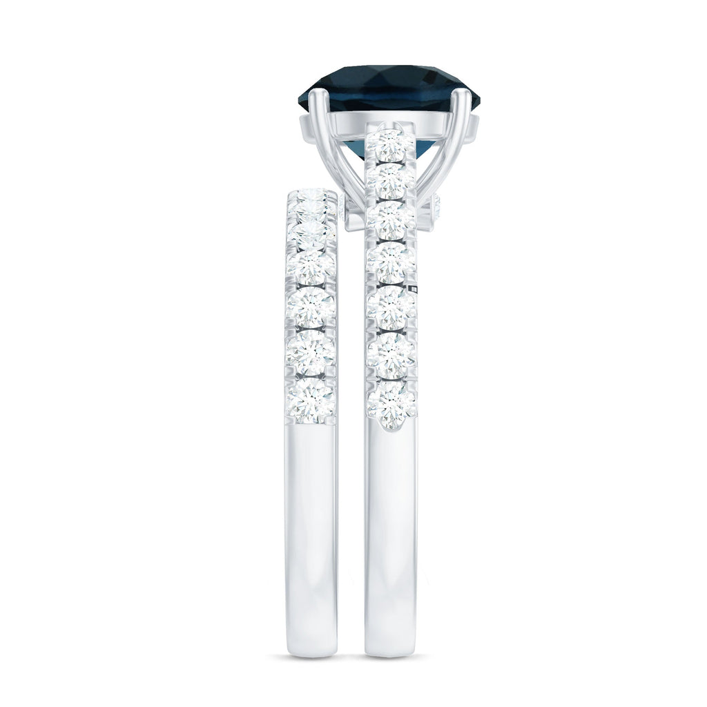 2 Carat Round London Blue Topaz Solitaire Rings Set with Moissanite Band