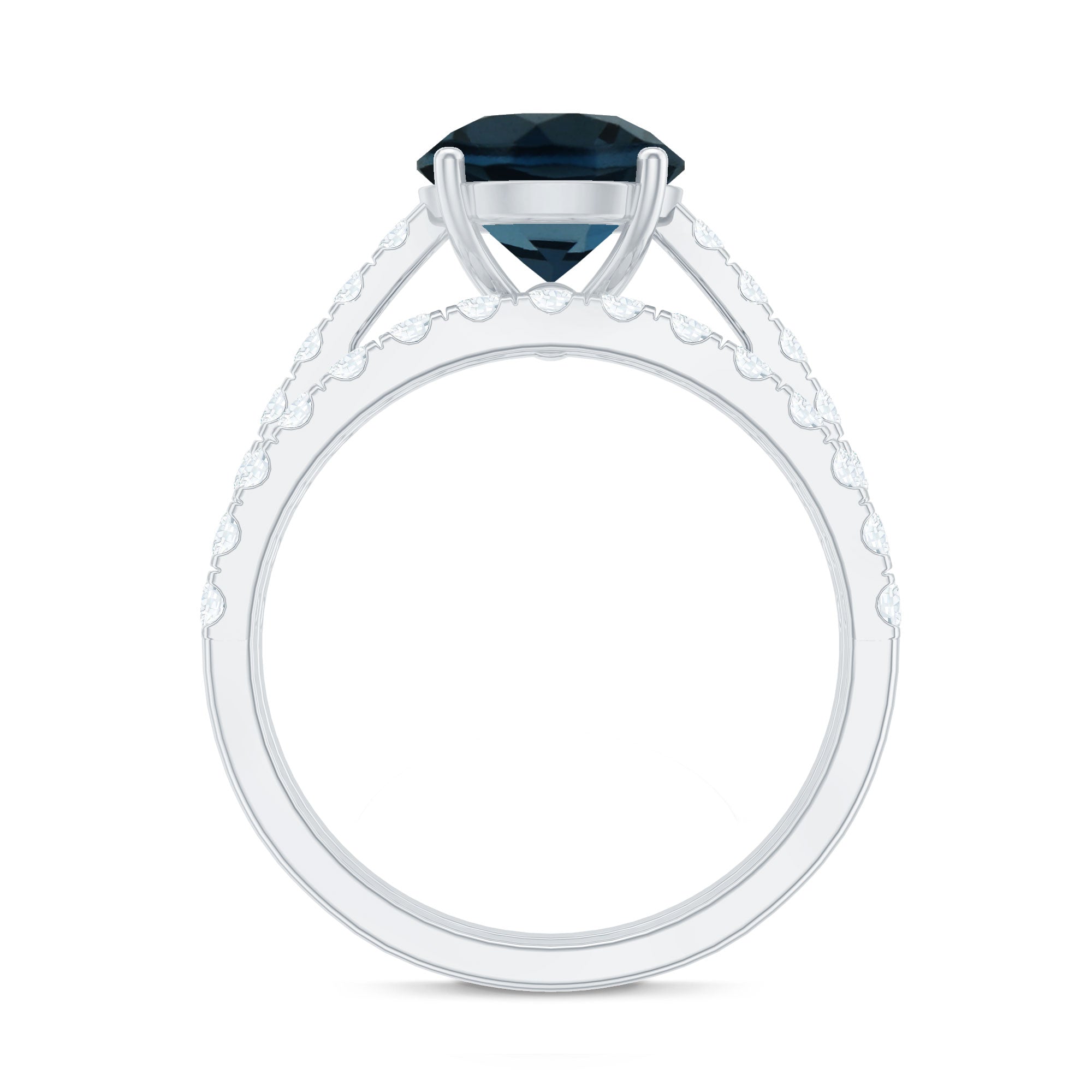 2 Carat Round London Blue Topaz Solitaire Rings Set with Moissanite Band