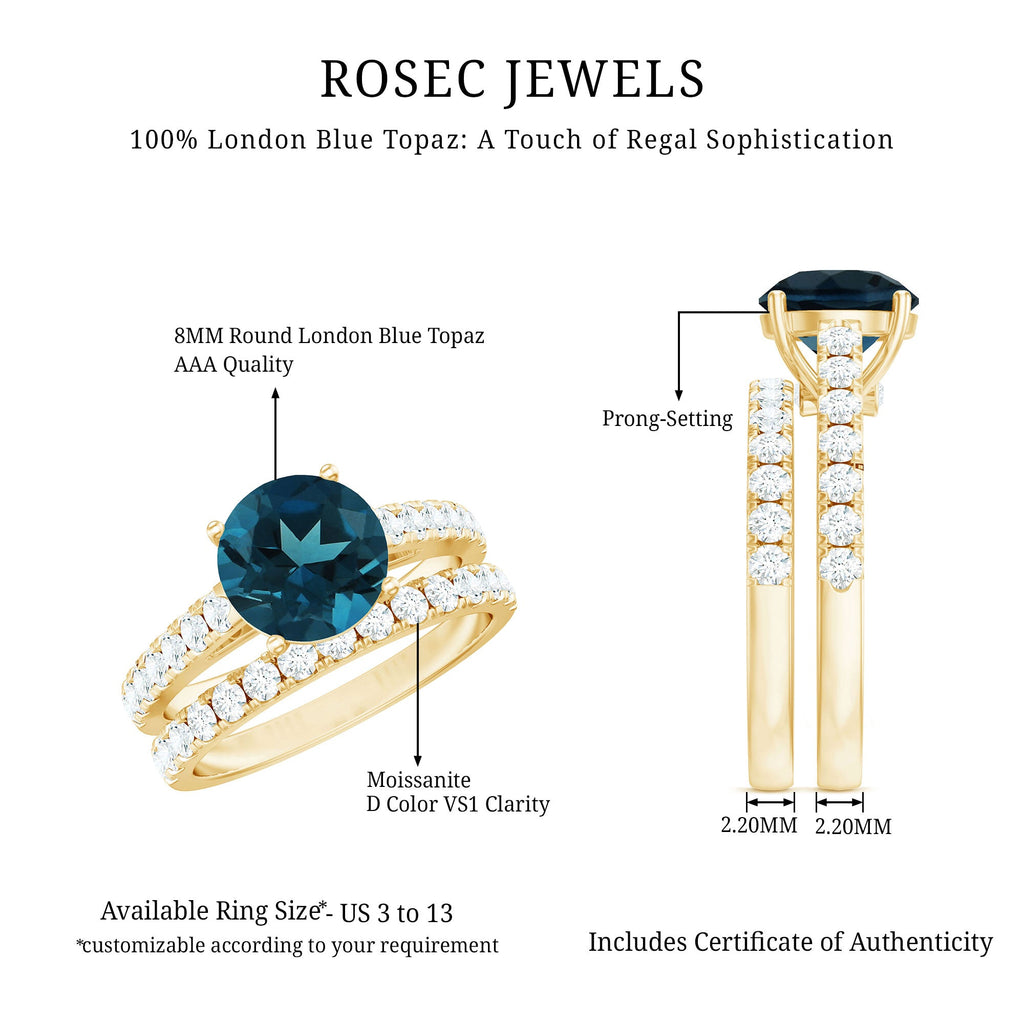 2 Carat Round London Blue Topaz Solitaire Rings Set with Moissanite Band
